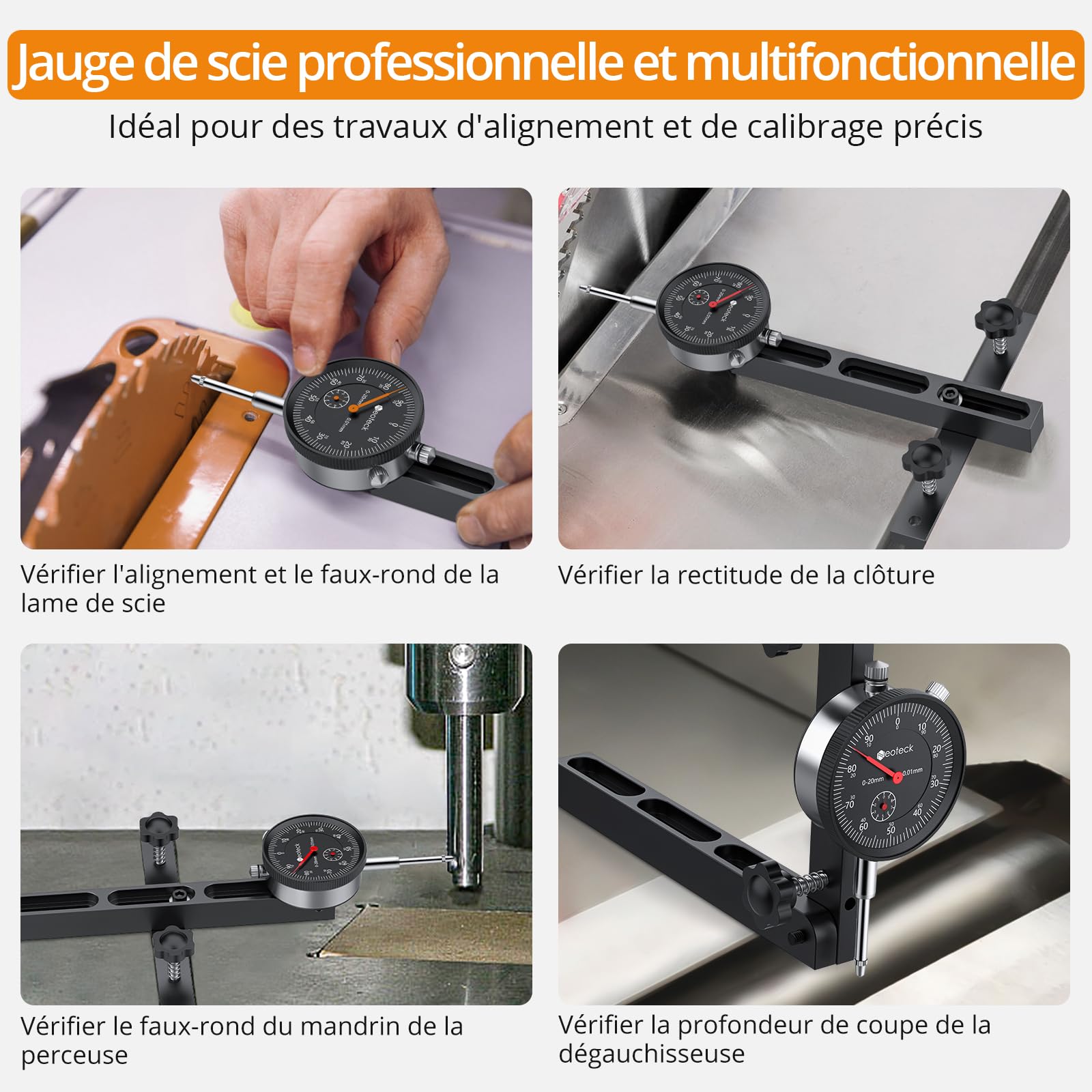 Neoteck 0-20mm Comparateur Mécanique pour Scie à Table Résolution 0.01mm avec Barre en Aluminium Anodisé Fixation à Trois Glissières Indicateur à Cadran Mécanique pour Scies Circulaires à Table-Noir