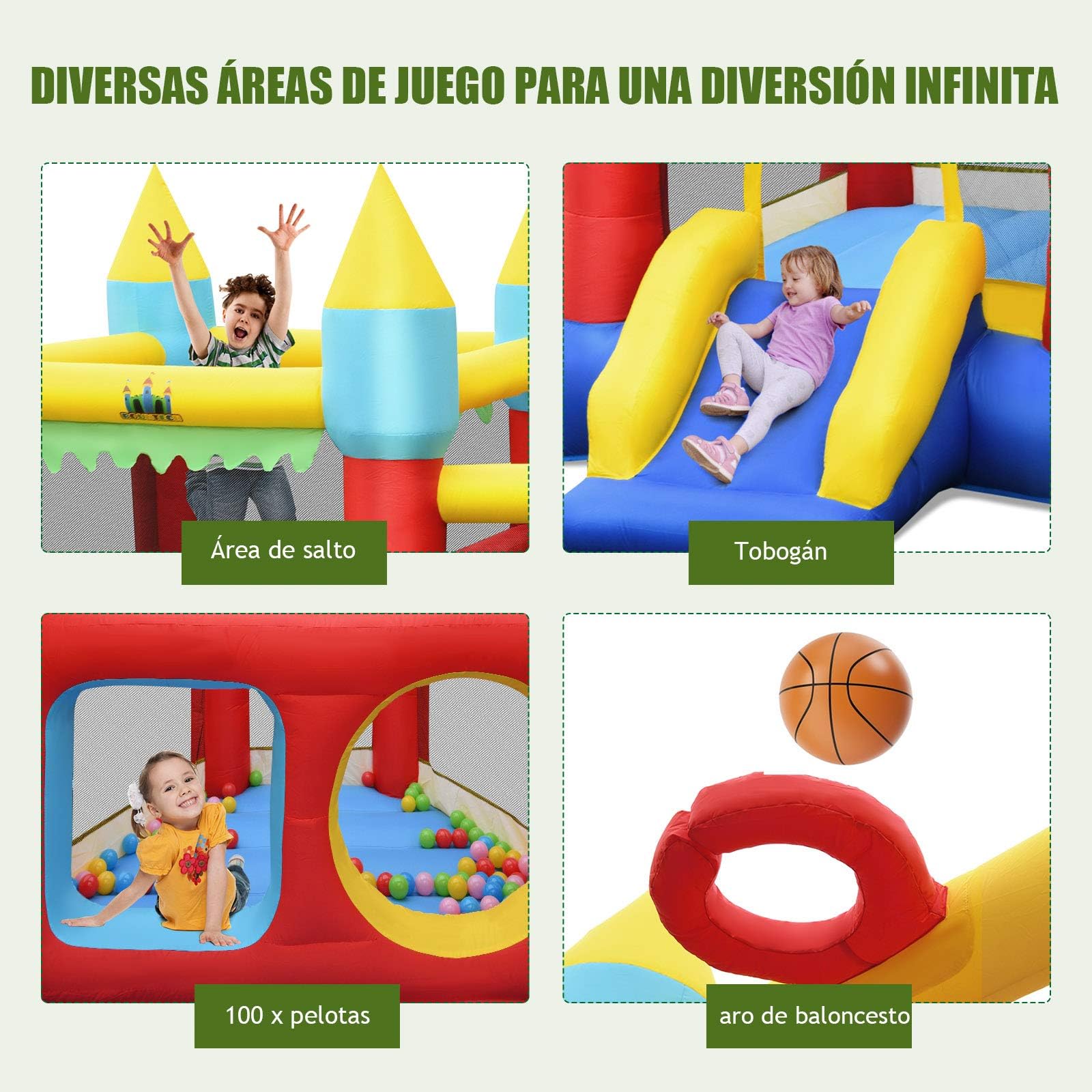 COSTWAY Castillo Hinchable con Tobogán, Castillo Inflable de 301x313x165cm para Niños de 3 a 10 años, con 100 Bolas Oceánicas, Kit de Reparación y Bolsa de Transporte (con Soplador de 480 W)