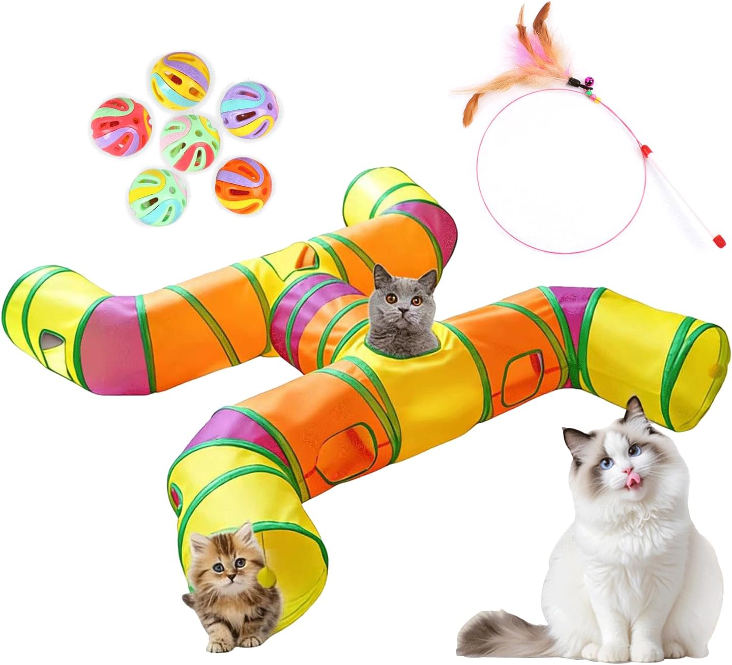 4-Way Large Cat Tunnel, H Shape Cat Tube Toy with Interactive Playing Balls, Peek Hole for Indoor Cats, Kitten, Kitty, Puppy, Rabbit (Multicolor)