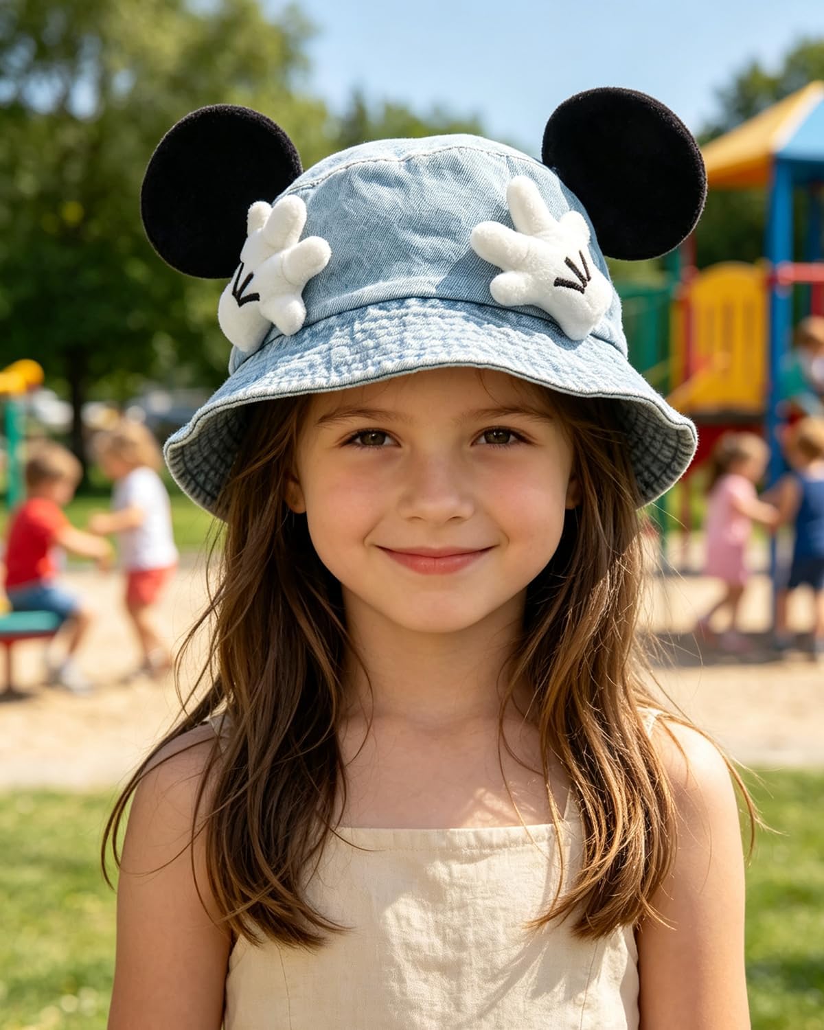 AMPOSSTO Cute Cartoon Mouse Ear Denim Bucket Hat for Adult Teens Adjustable Fisherman Cap Sun Hat for Beach Travel Daily Wear