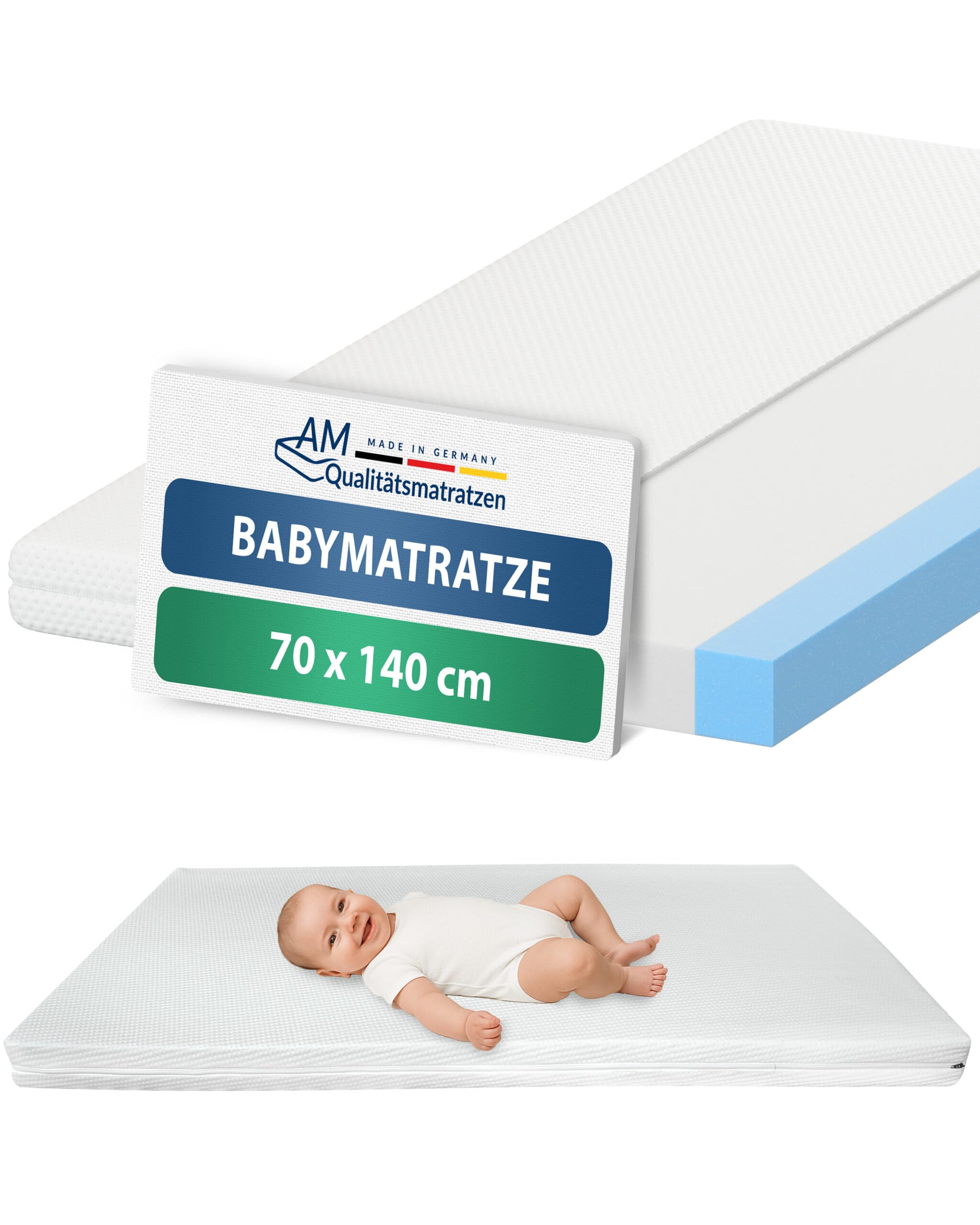 Baby Matratze 70x140 Kinderbett - Made in Germany - Kindermatratze 70x140 bis 5 Jahre geeignet - Hochwertiger und geprüfter Komfortschaum mit Trittkanten - Bezug waschbar & abnehmbar