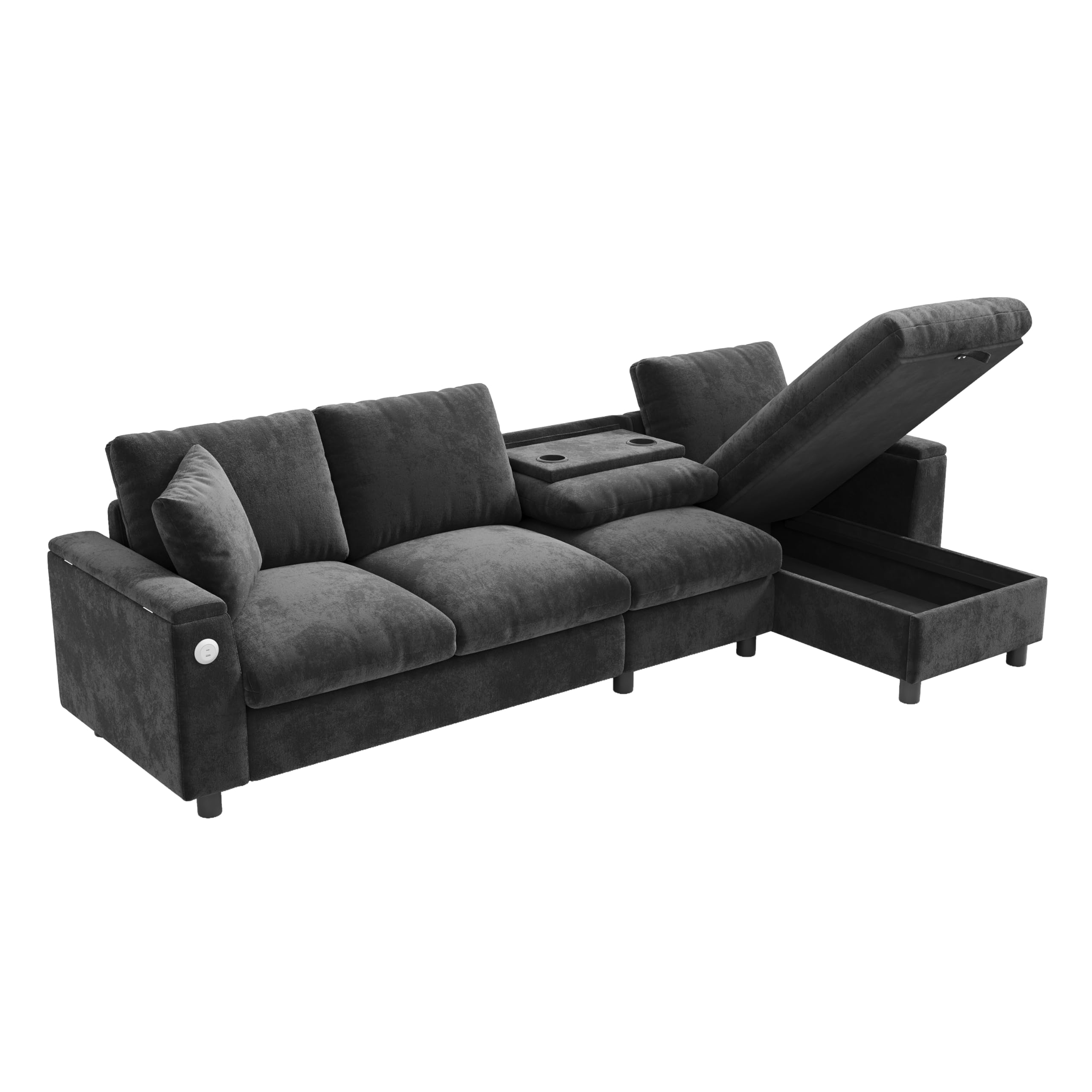 Sofa szenilowa, narożnik w kształcie litery L i dwa podłokietniki z miejscem do przechowywania. Rozkładany stolik kawowy z dwoma uchwytami na napoje, 1 USB i 1 część w kształcie litery C może być