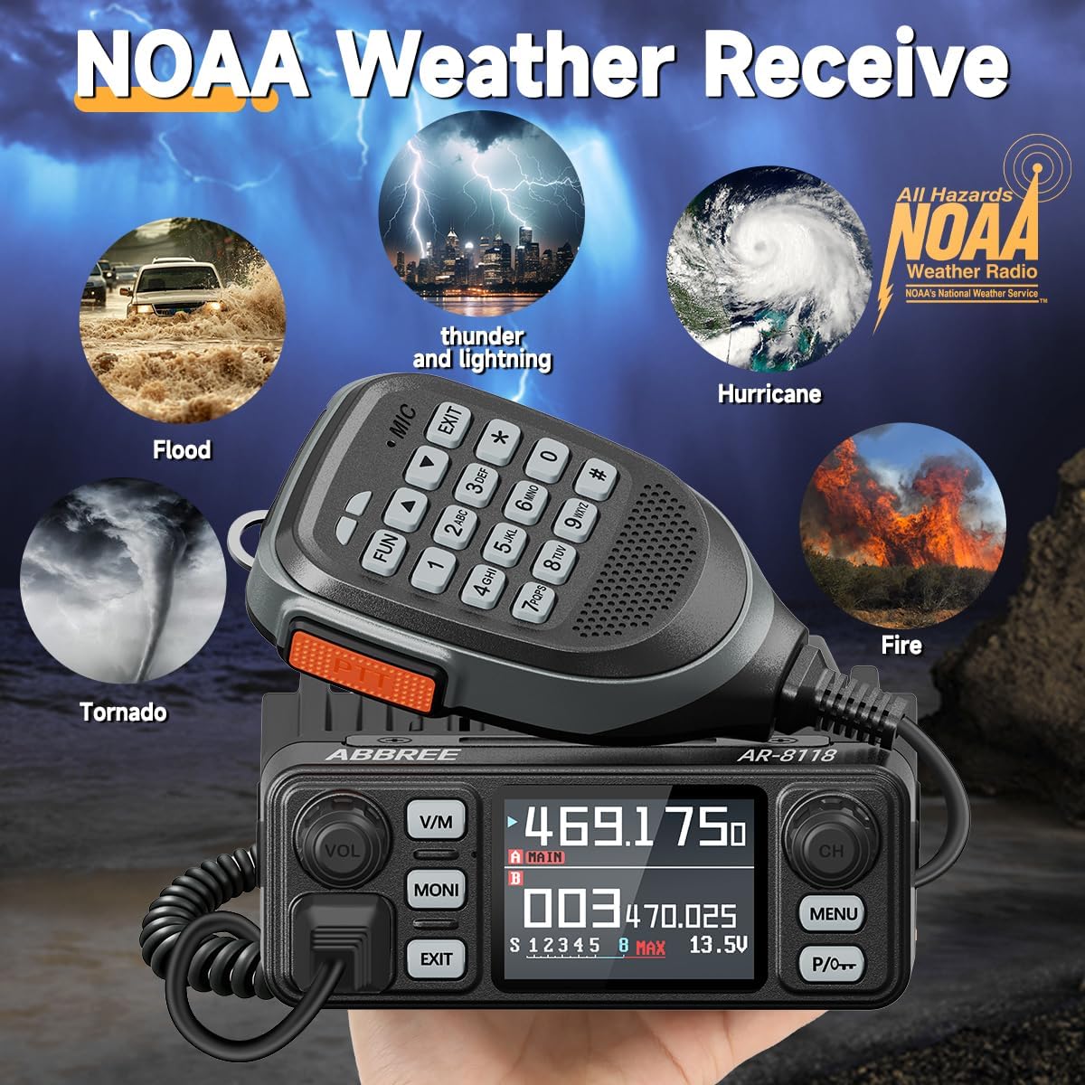 ABBREE AR-8118 GMRS Mobile Radio with icons representing various weather emergencies like flood, tornado, thunder, hurricane, and fire, indicating NOAA weather alert capability.