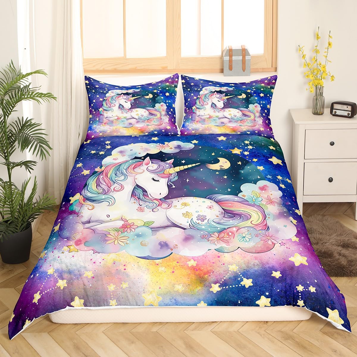 Kawaii Unicorn Decorations,Watercolor Cloud Starry Galaxy Duvet Cover for Kids Boys Girls Teens,Lovely Fairy Tale Animal Bedroom Decor Comforter Cover Full