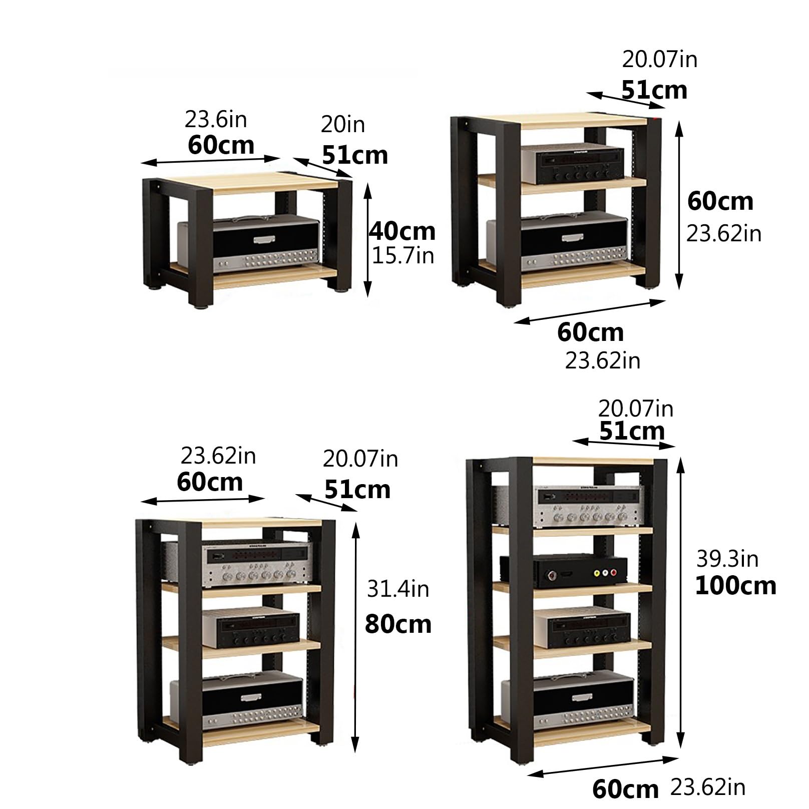 HiFi Rack de madera y acero para mesa giratoria y armario de enrutador, estante esquinero para sistemas y sistemas Ste marrón rojizo, 60 x 51 x 40 cm
