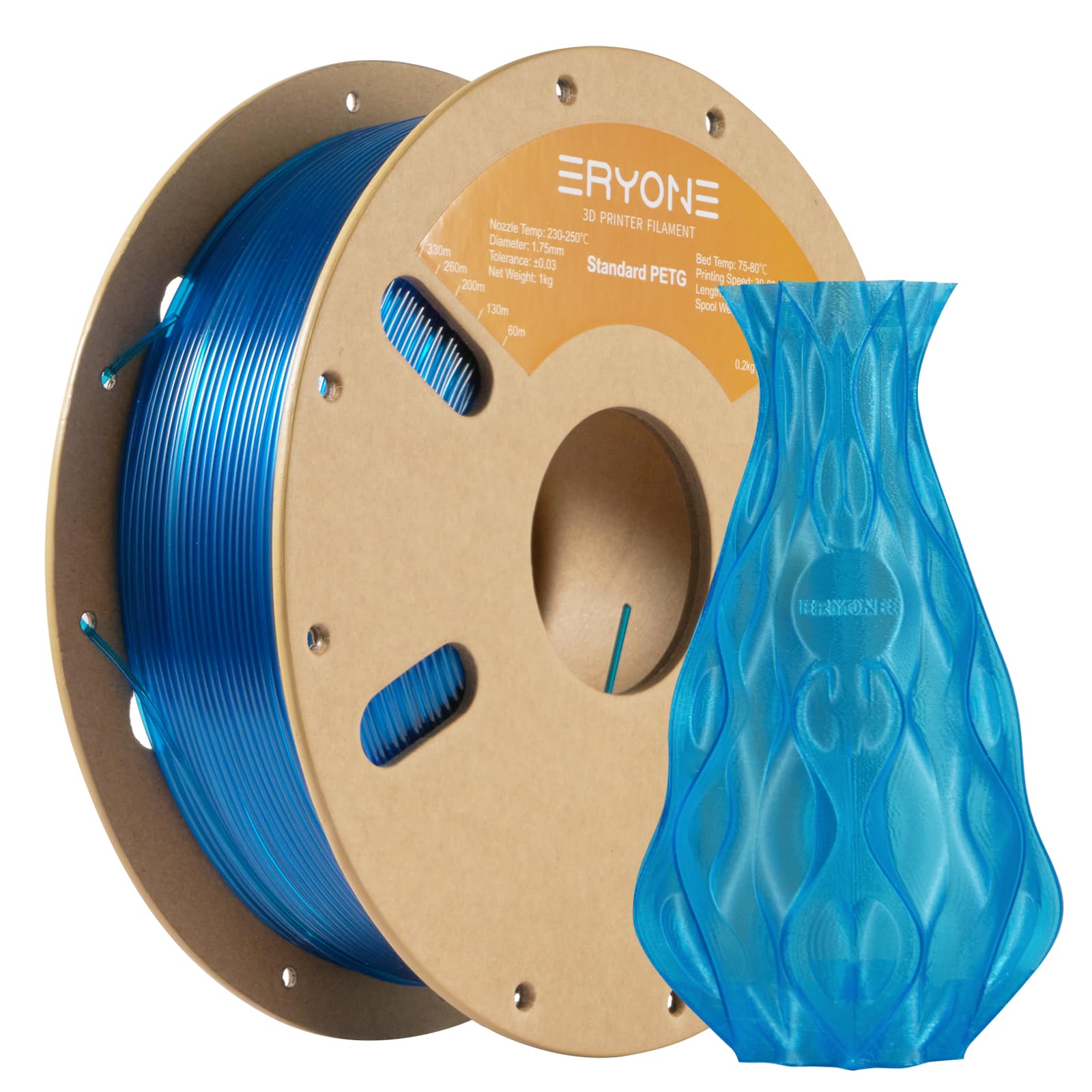 ERYONE PETG Filament 1.75mm, Filament PETG for 3D Printer 1KG, +/-0.03mm, Transparent Blue