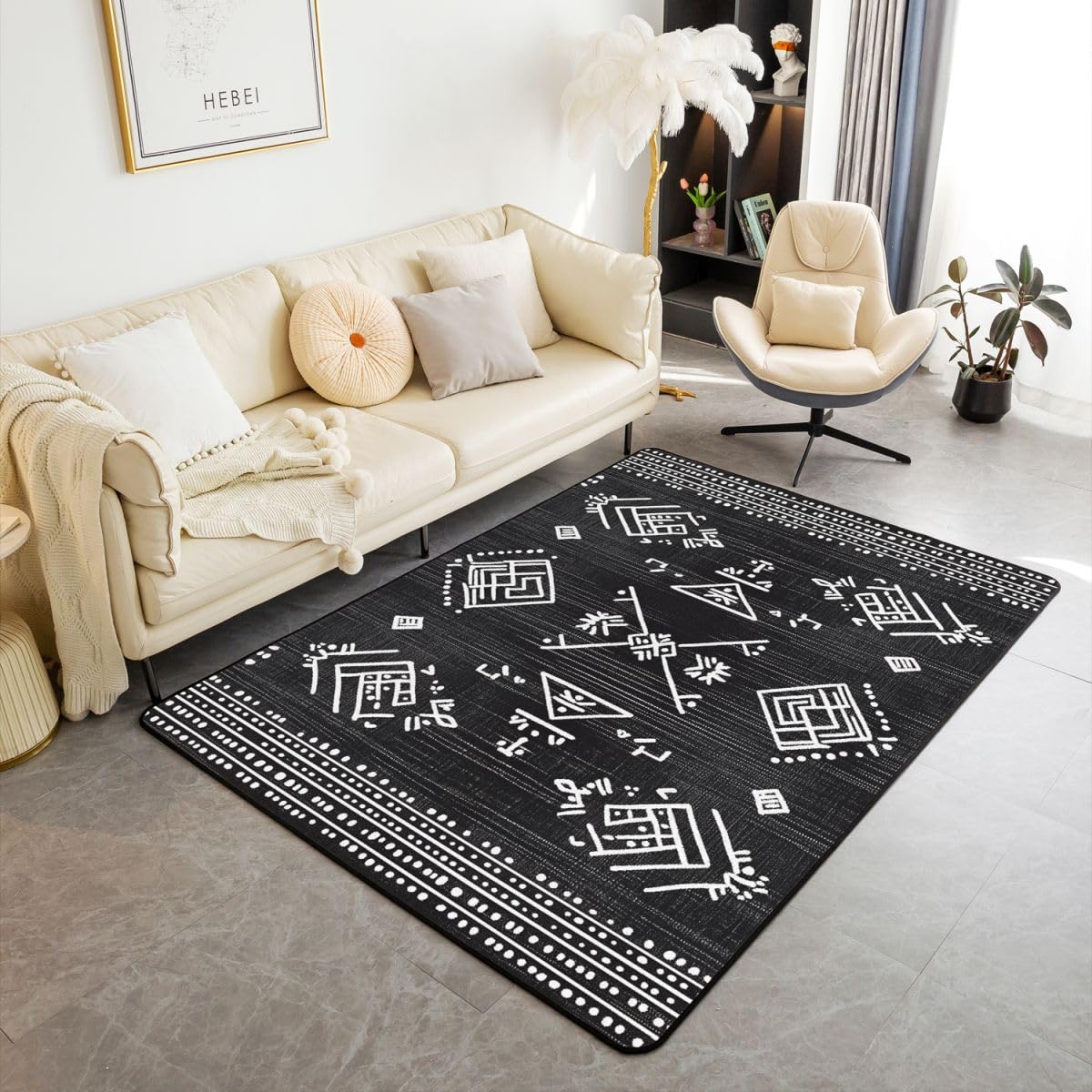 Homewish Zachodni Aztecki dywan 100 x 150 cm do sypialni - czarno-biały dywan do salonu południowo-zachodni plemienny dekoracyjny dywan geometryczny duży dywan podłogowy antypoślizgowy