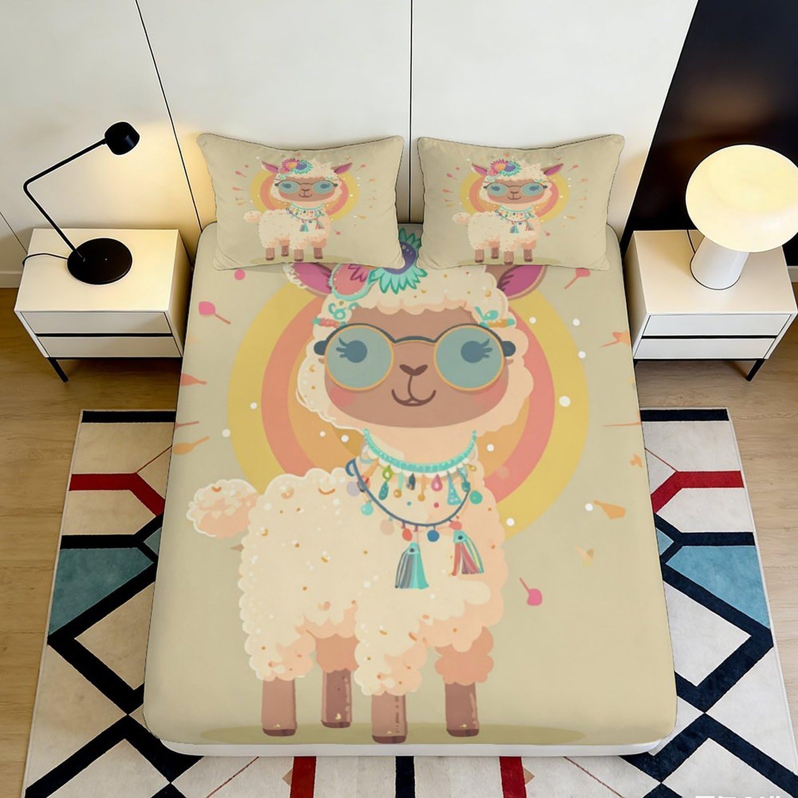 3D Printed Cute Llama Fitted Sheet Microfiber Soft Colorful Tribal Dreamcatcher Mattress Cover for Bedroom Dorm Easy Care 90x200x25cm