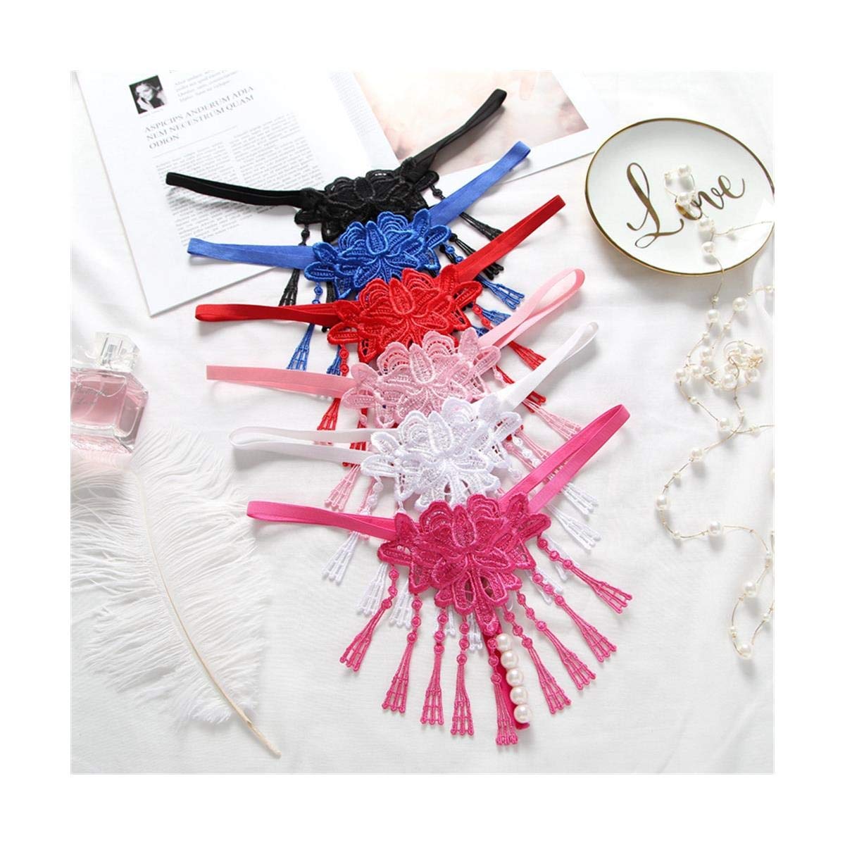 YIFOOPLI Sexy Fringed Pearl Open Embroidery Panties Ladies T Pants Transparent Low Waist Japanese Thong T Pants Perspective Thong V Neck Mesh Sleepwear Lingerie for Women Front