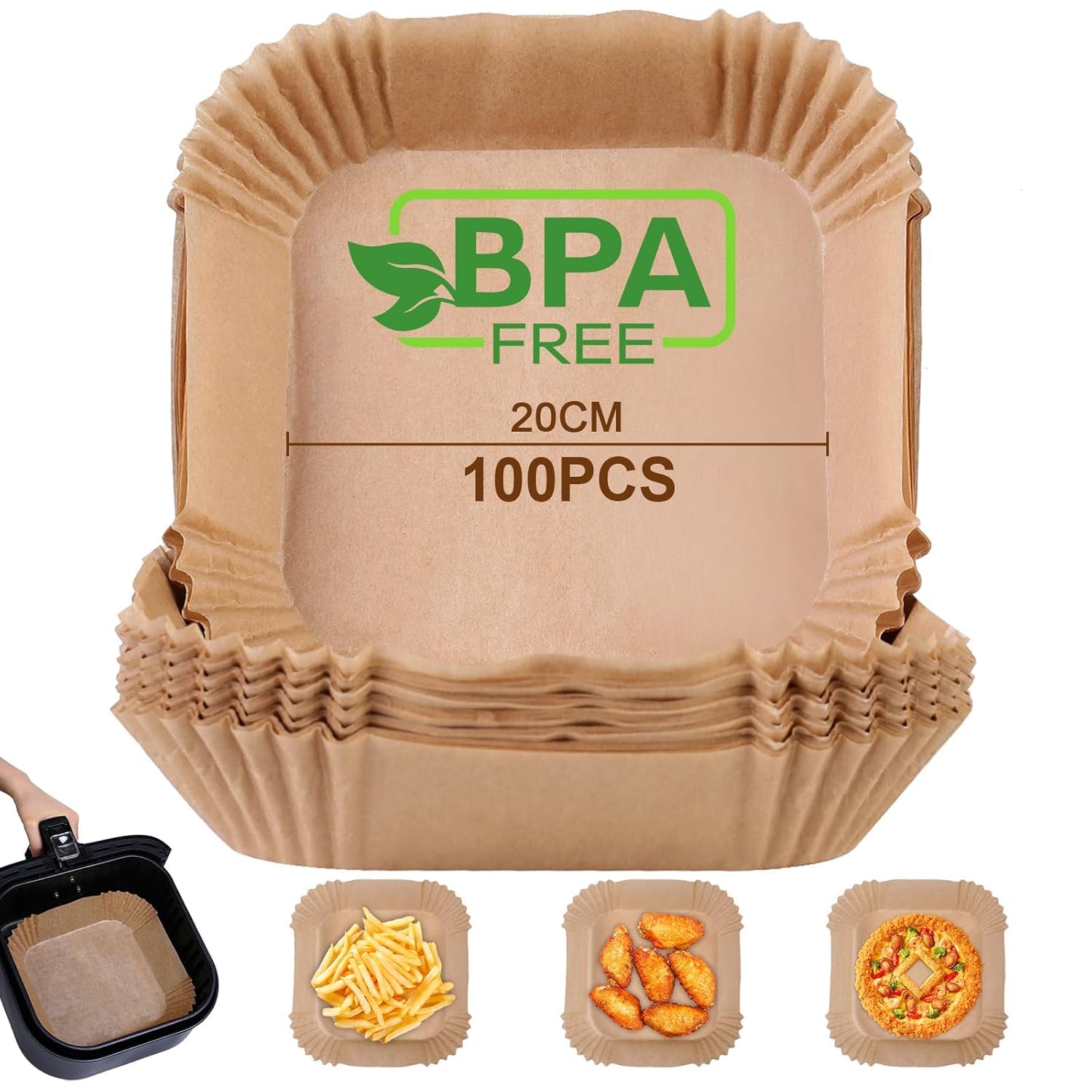 Baking Paper for Hot Air Fryer, (Pack of 100) 20 cm, BPA-Free Airfryer Baking Paper, Square, Waterproof, Oil-Proof Parchment Paper, Liner, Airfryer Accessories-image-47