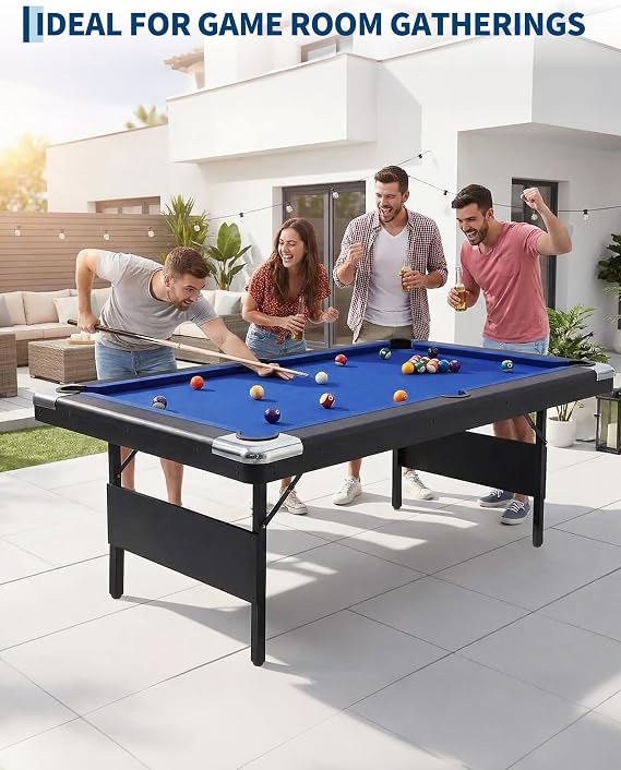6/7 ft Pool Table, Folding Billiard Table, Portable Pool Tables with Billiard Balls, 2 Cue Sticks, Felt Brush & Chalk for Family Game Room & Home Recreation