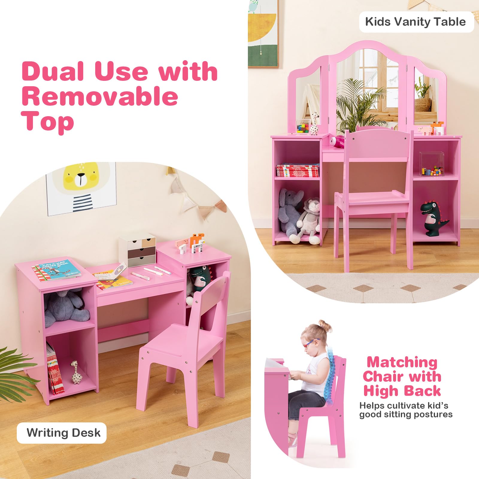 LIFEZEAL Tocador 2 en 1 para niña con Taburete 3+ años, Juego de tocador Infantil, Mesa de Maquillaje con 4 Compartimentos, Escritorio Infantil de Madera con Espejo extraíble y Plegable (Rosa)
