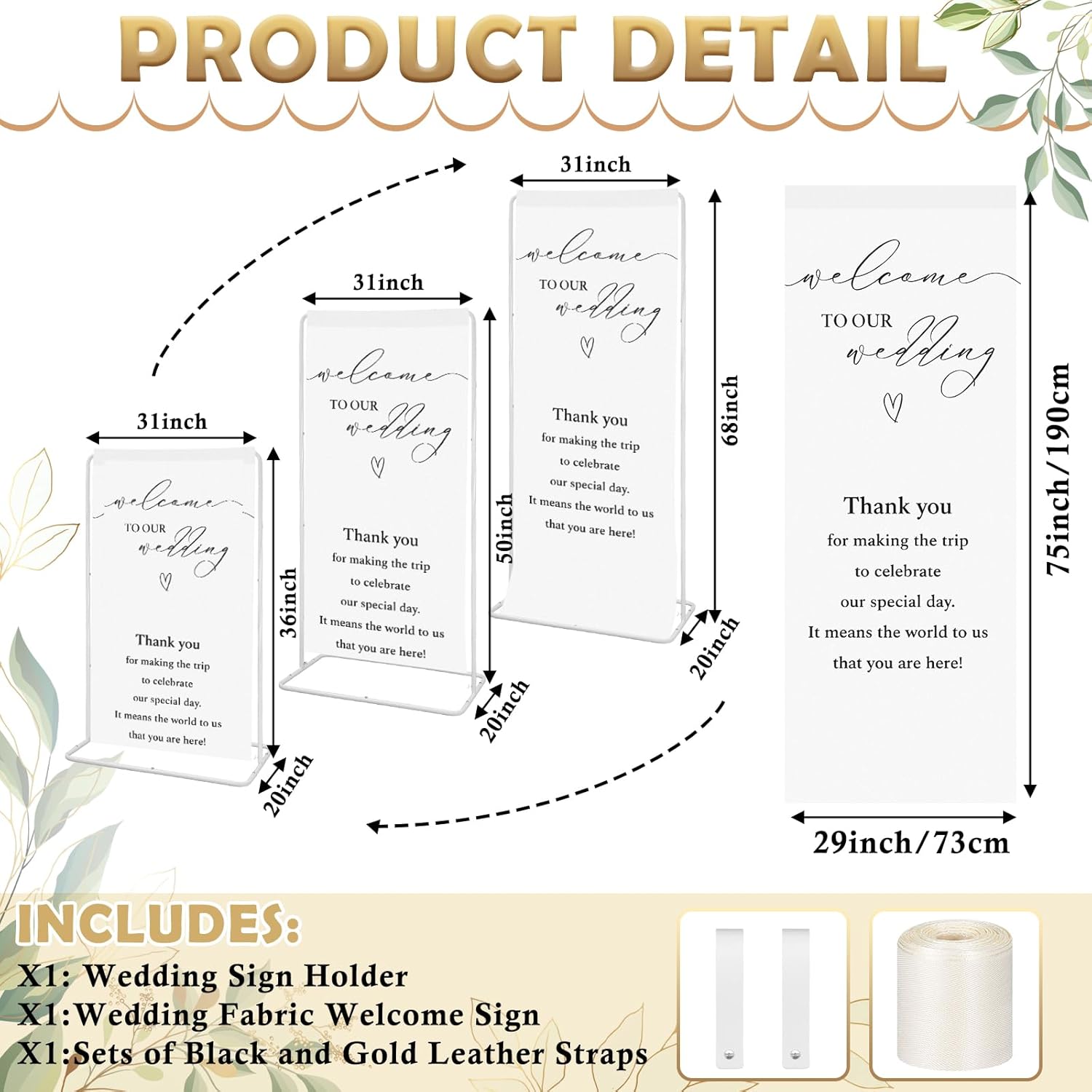 Lumina Wedding Welcome Sign Stand With Linen Sign with Satin Ribbon Adjustable Easel Stand Bridal Shower Welcome Decoration for Garden Ceremony Lawn Outdoor Indoor(Beige)