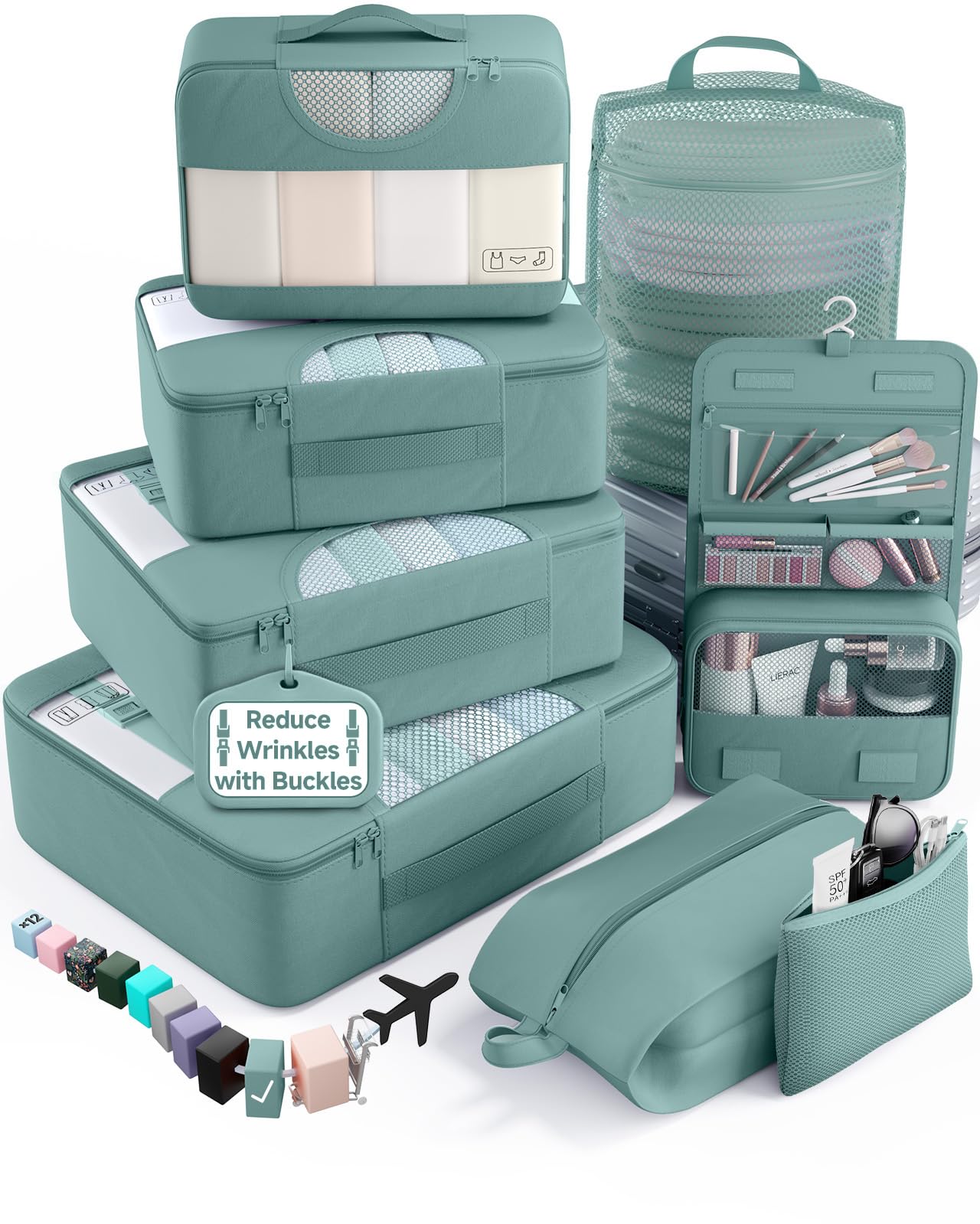 Veken 8 Set Packing Cubes for Travel Essentials,Anti-Wrinkle Buckled Suitcase Organizer for Shoe &amp; Toiletry Bag,Carry On Luggage Bag with 99+ Count Mesh Holes for Airplane &amp; College Dorm Accessories