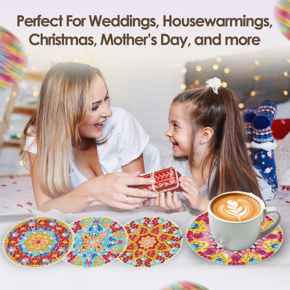 Diamond Art Coasters kit - Floral Design, Set of 6, Round Decorative Drink Coasters - 6 Piece Diamond Painting Coasters with Holder, Cup Mats for Home Decor, Winter Gifts, Non-Slip - Image 7