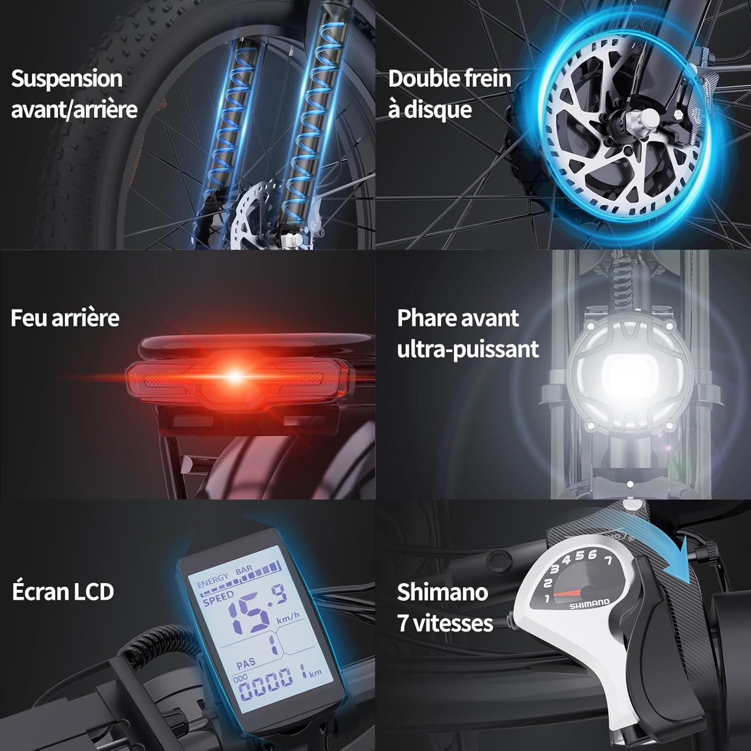 Collage showing front/rear suspension, dual disc brakes, rear light, powerful front light, LCD screen, and Shimano 7-speed shifter.