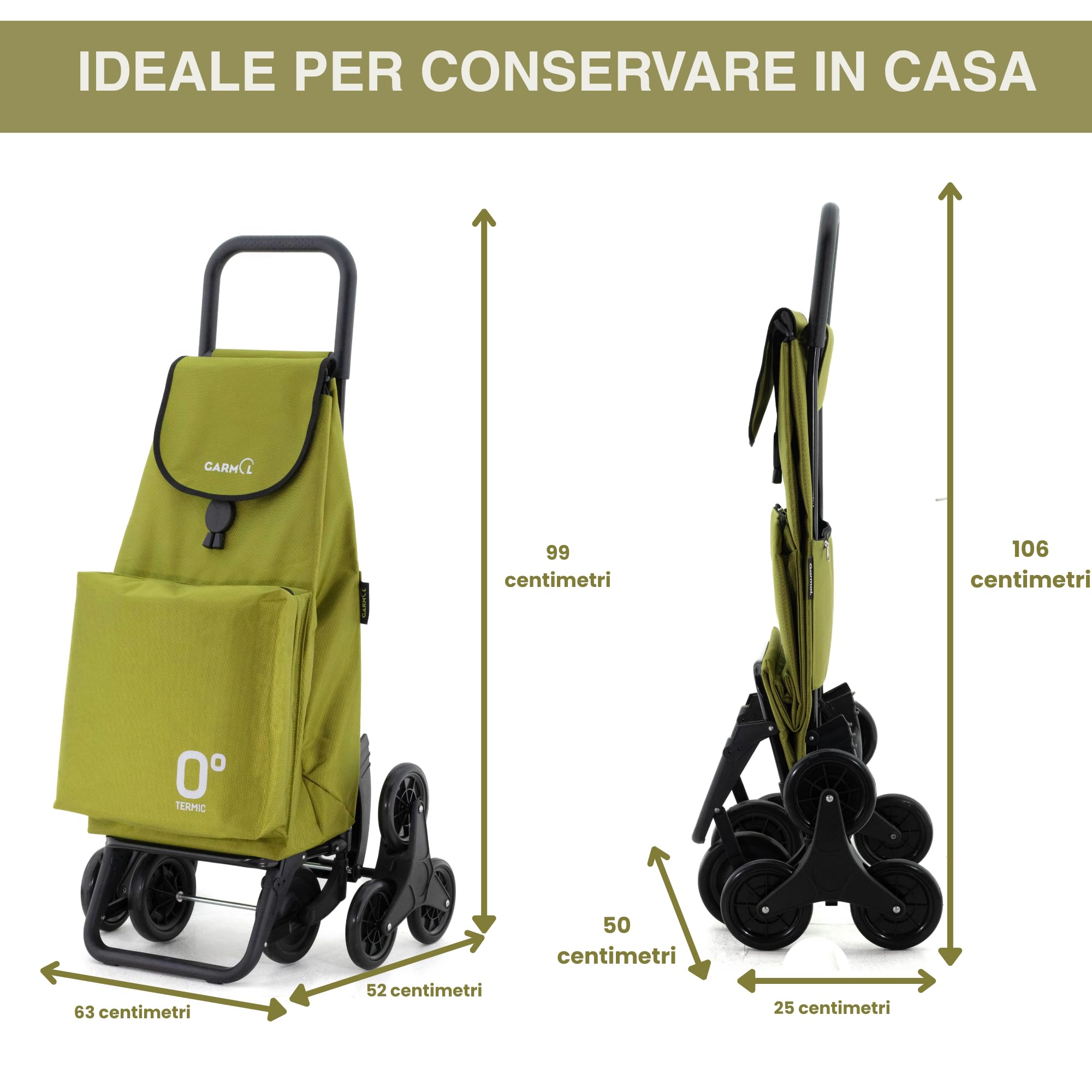 GARMOL Carrello per la spesa termico pieghevole da 55 litri | Tasca termica interna da 11 litri | Carrello della spesa 8 ruote scalate di grande capacità | Carrello pieghevole colore verde avocado