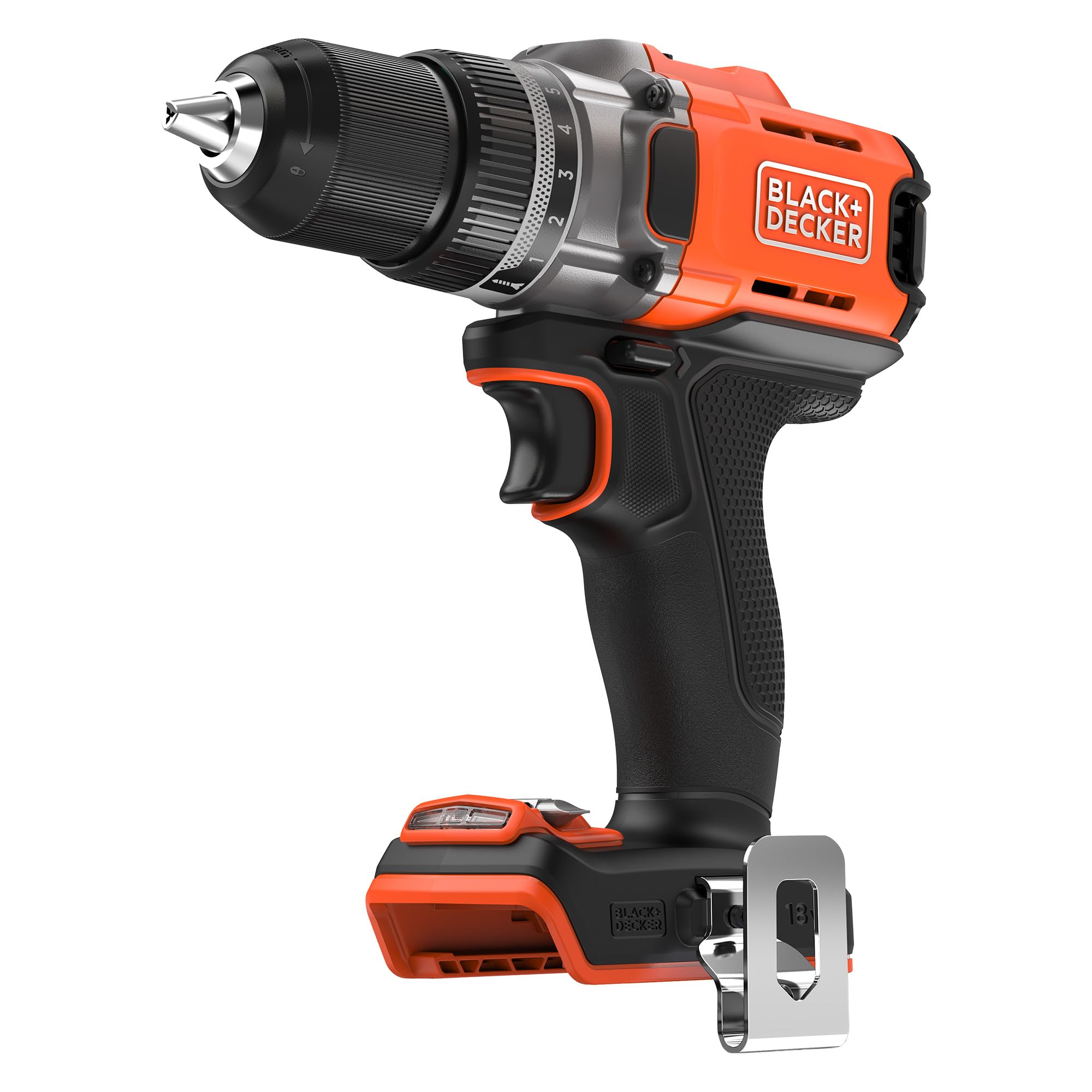 BLACK+DECKER Taladro Atornillador Sin Cable de 18V, Par Máximo de 45Nm, 2 Configuraciones de Velocidad, Mandril Sin Llave y Luz LED, BCD382XN-XJ