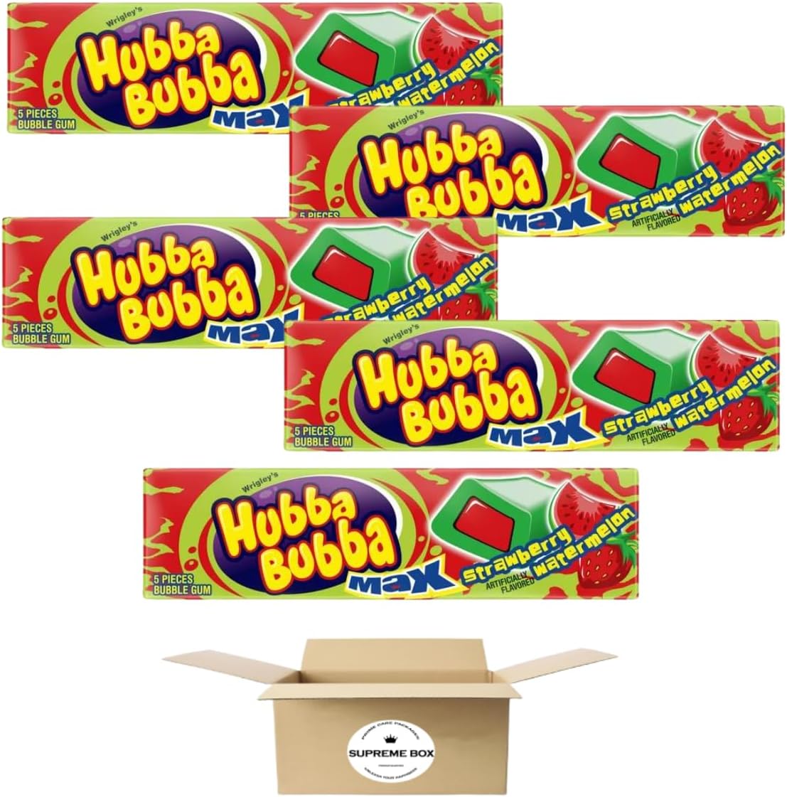 Hubba Bubba Max Strawberry Watermelon Bubble Gum - 5 Piece Pack - Pack of 5 (25 piece in total)