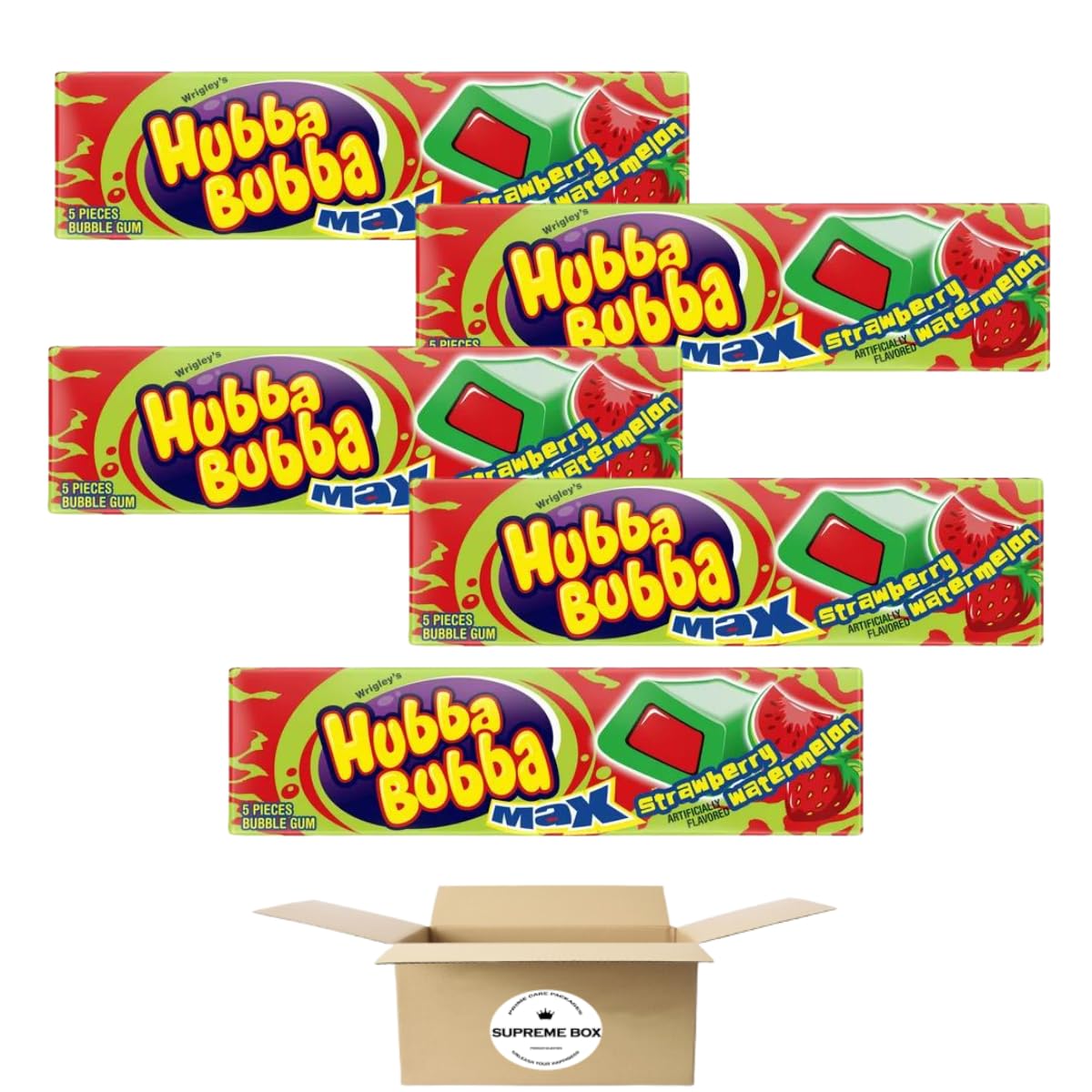 Hubba Bubba Max Strawberry Watermelon Bubble Gum - 5 Piece Pack - Pack of 5 (25 piece in total)