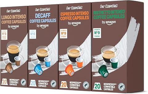 by Amazon Capsules de Café en Plastique Nespresso, Variety Pack Torréfaction Corsée, 50% Arabica, 50% Robusta, 80 Unités (4 Paquets de 20), – Certifiées Rainforest Alliance