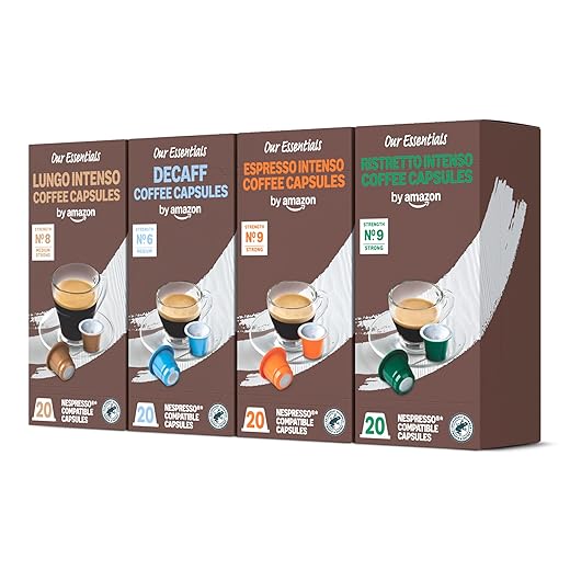 by Amazon Capsule in Plastica di Caffè Compatibili Nespresso, Assortimento Tostatura Scura - 50% Arabica, 50% Robusta, 80 Capsule (4 Confezioni da 20) - Certificato Rainforest Alliance