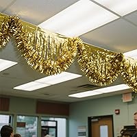 Vista 8 de Paquete de 4 unidades de guirnalda de flecos de papel de aluminio dorado de 40 pies total, bandera de oropel metálica, cortinas para colgar