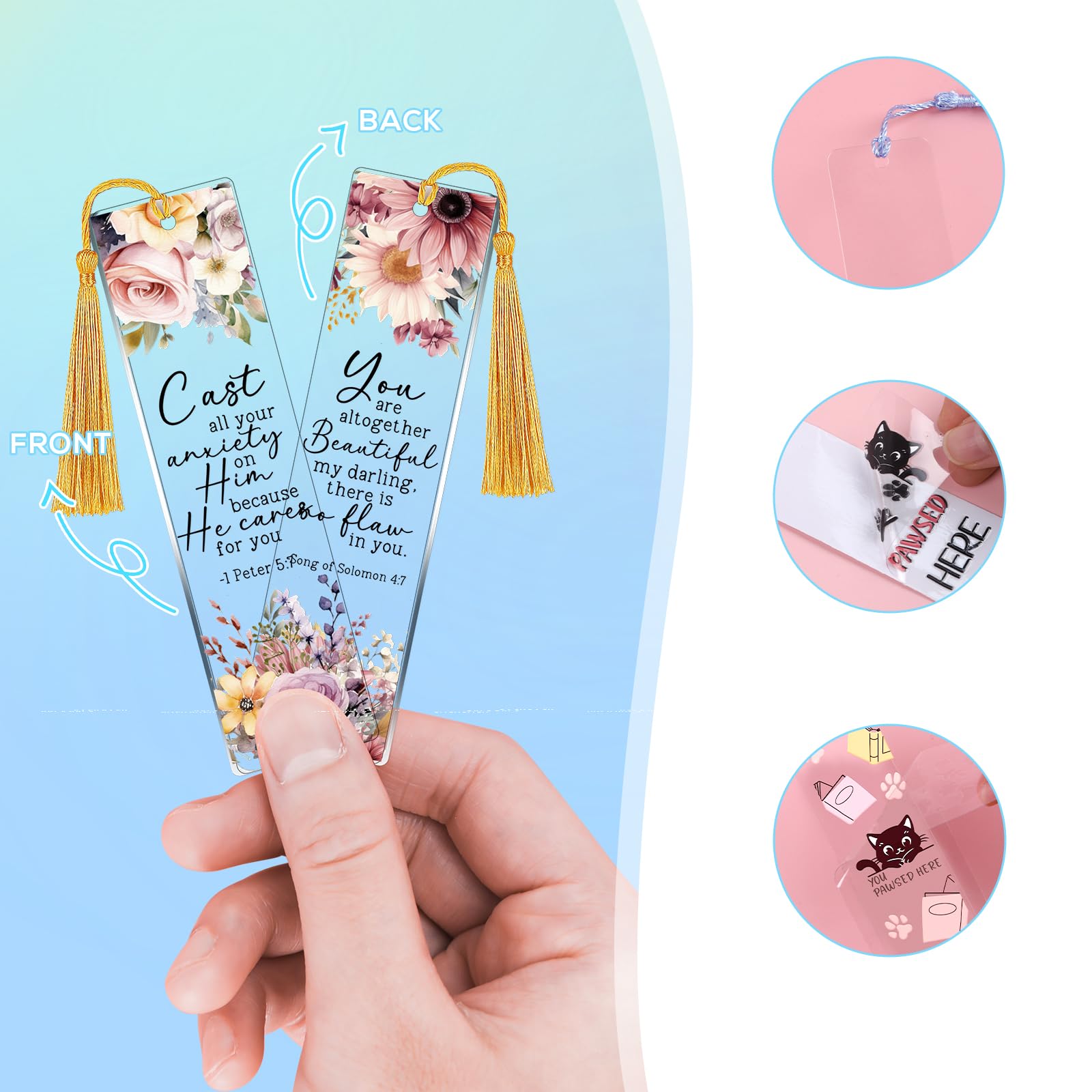 Marcapáginas UV DTF – 24 hojas de calcomanías UVDTF con versículo bíblico para marcadores acrílicos, impresión de doble cara, flores cristianas, calcomanías de transferencia afirmativa para