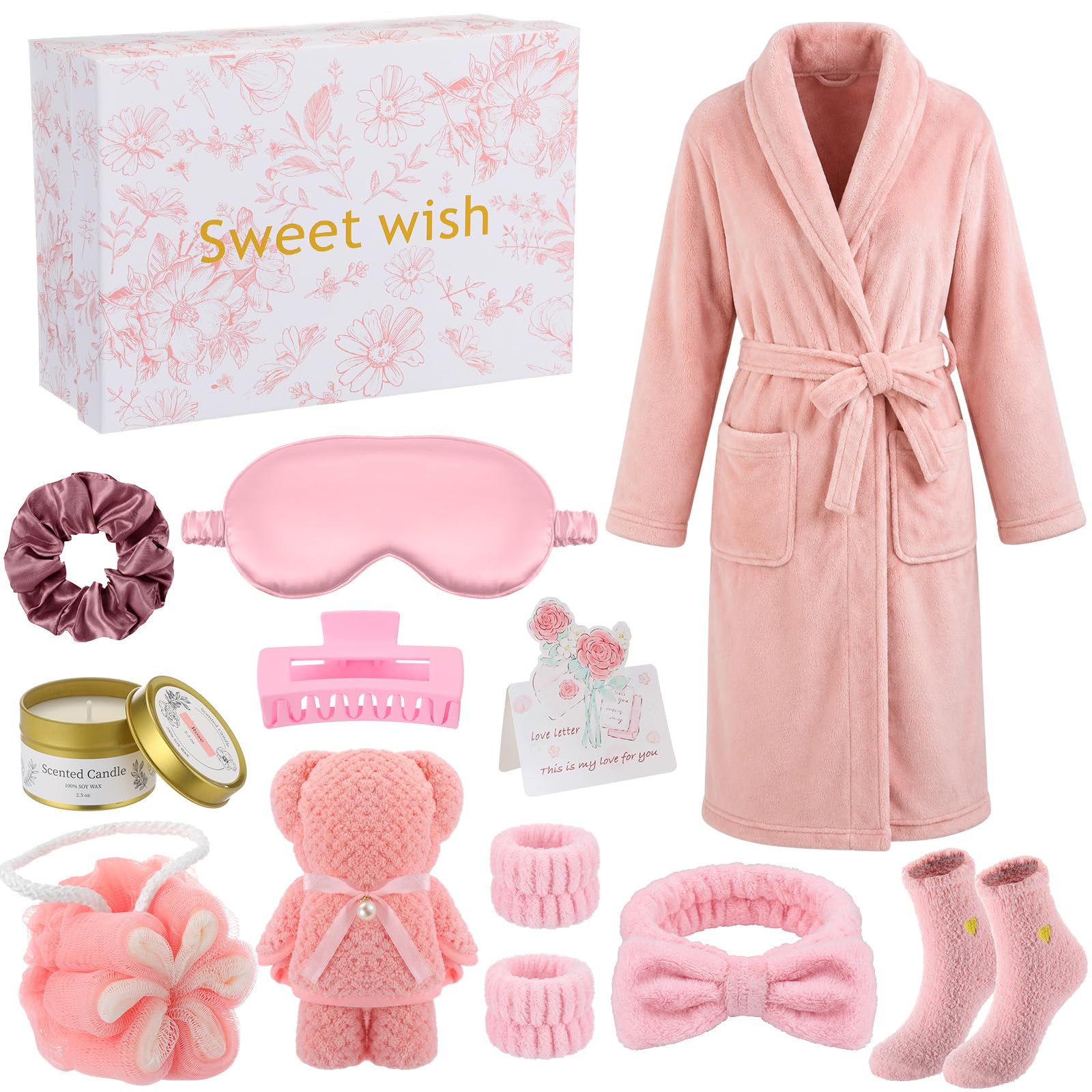 Patelai 11 Pcs Birthday Gifts Basket for Women, Spa Gift Set for Women, Spa Care Package with Bathrobe Sleep Mask Scented Candle Socks Headband and Accessories for Mom Wife Sister (Pink)-image-12