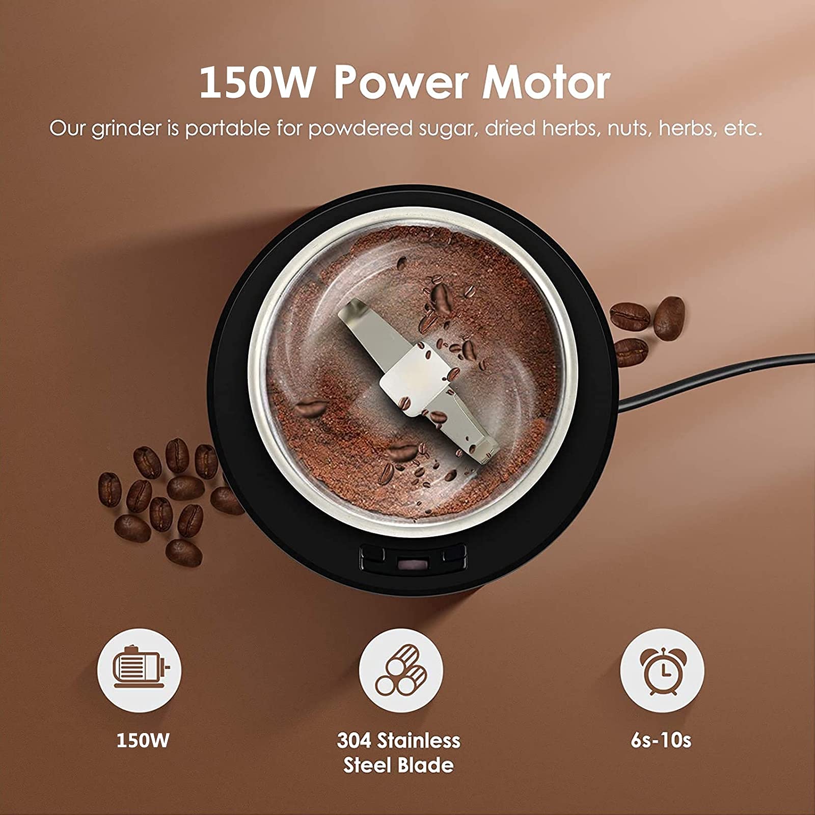 Młynki do kawy i przypraw, Młynek do ziaren kawy Młynek elektryczny Młynek do przypraw, Młynek do kawy Elektryczny z mocnym ostrzem ze stali nierdzewnej o mocy 150 W do przypraw, pieprzu, ziół,