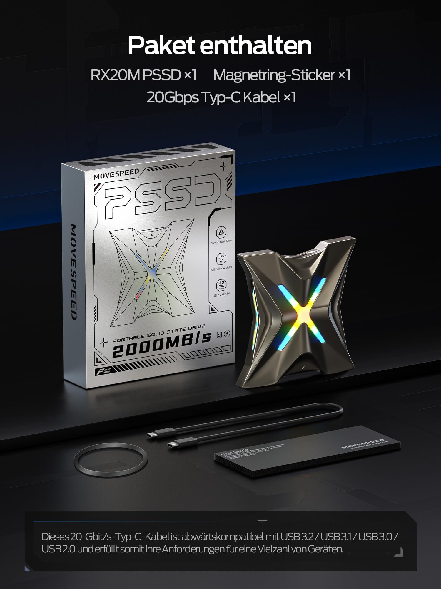 MOVE SPEED External Hard Drive 4TB External SSD bis 2060MB/s with Magnetic Attack & RGB Light USB 3.2 Gen 2x2 PSSD in lega di zinco per PS5, Xbox, iPhone 17/16/15 Pro, Mac, PC