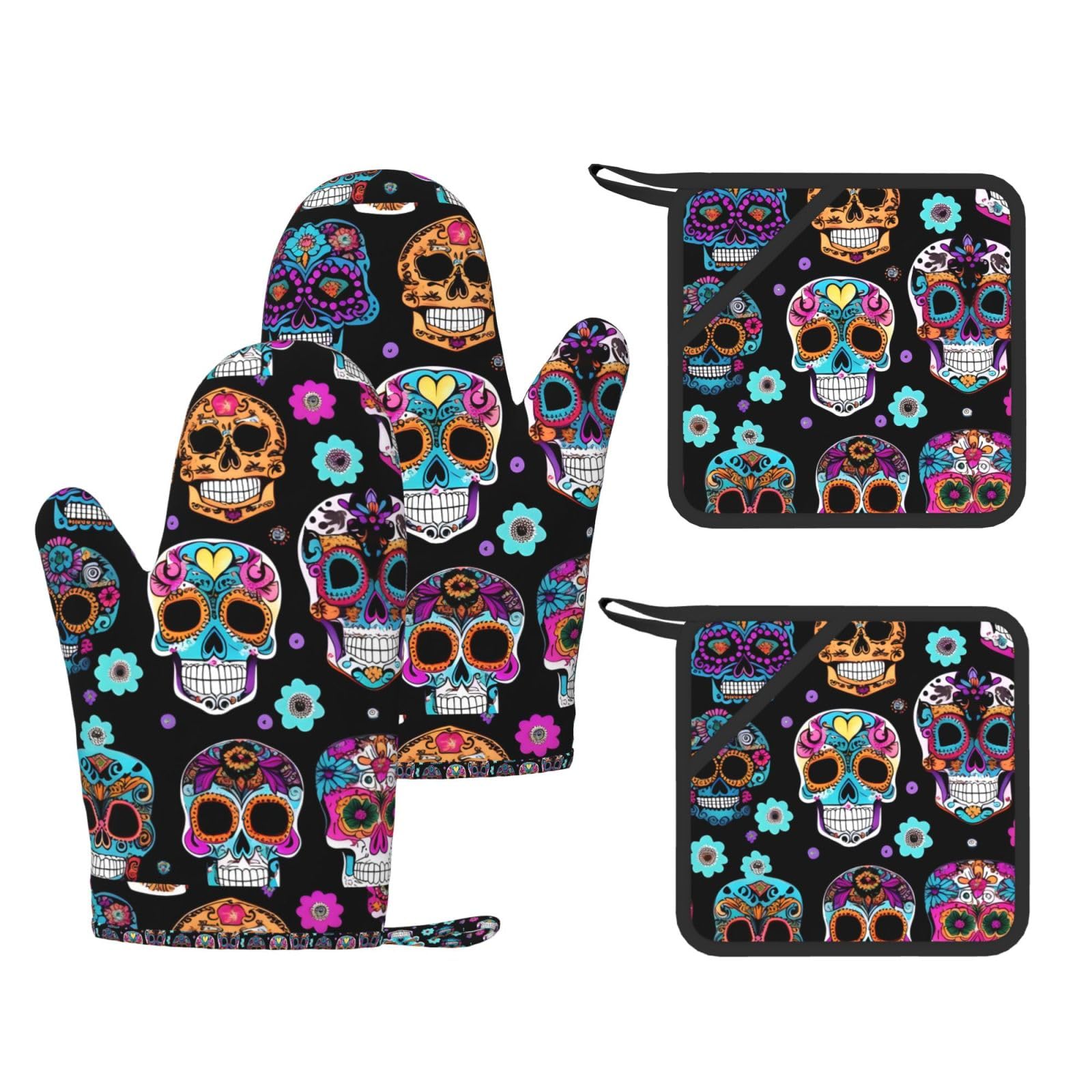 Sugar Skull Print Kitchen Heat Resistant Set,Cooking Kit With Hanging Loop For Baking & Bbq