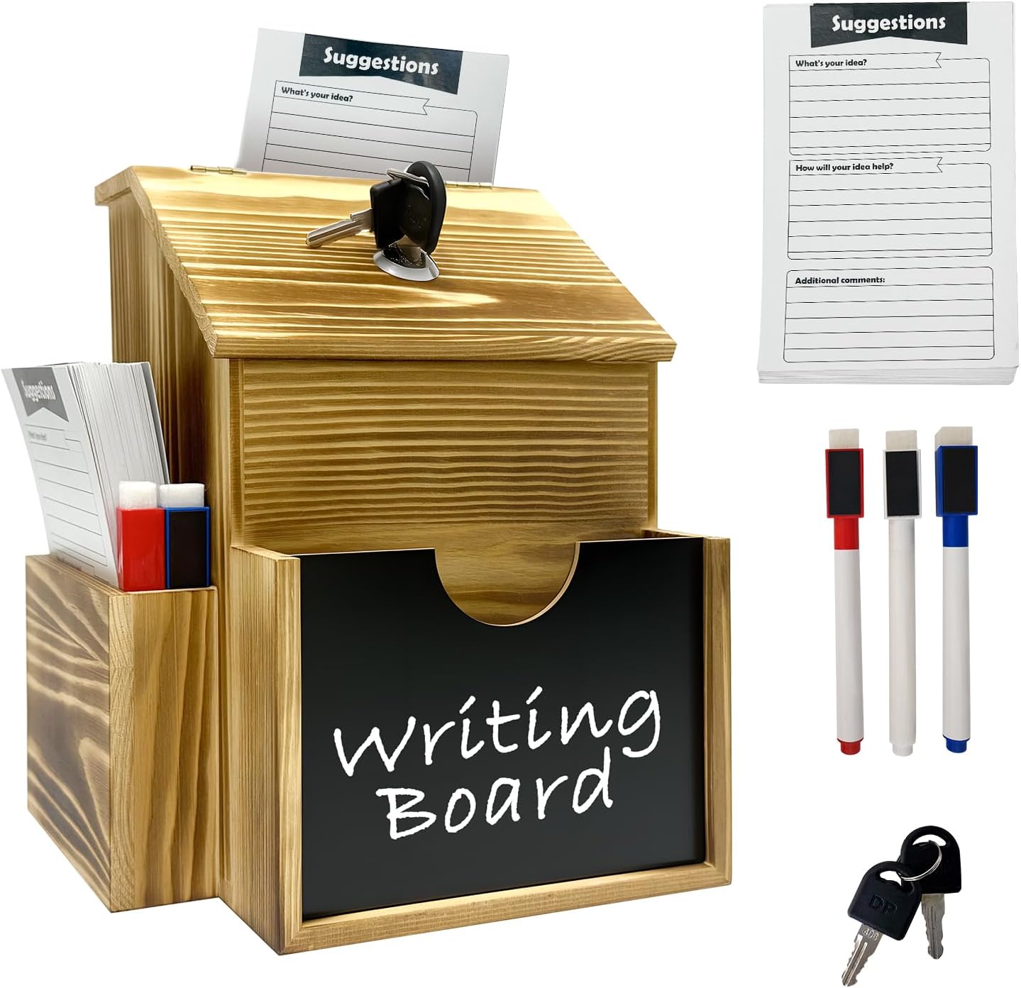 Wood Suggestion Box with Lock,Acrylic Chalkboard for Writing with Markers,Donation Tip Ballot Box Brown Retro Style Country Style
