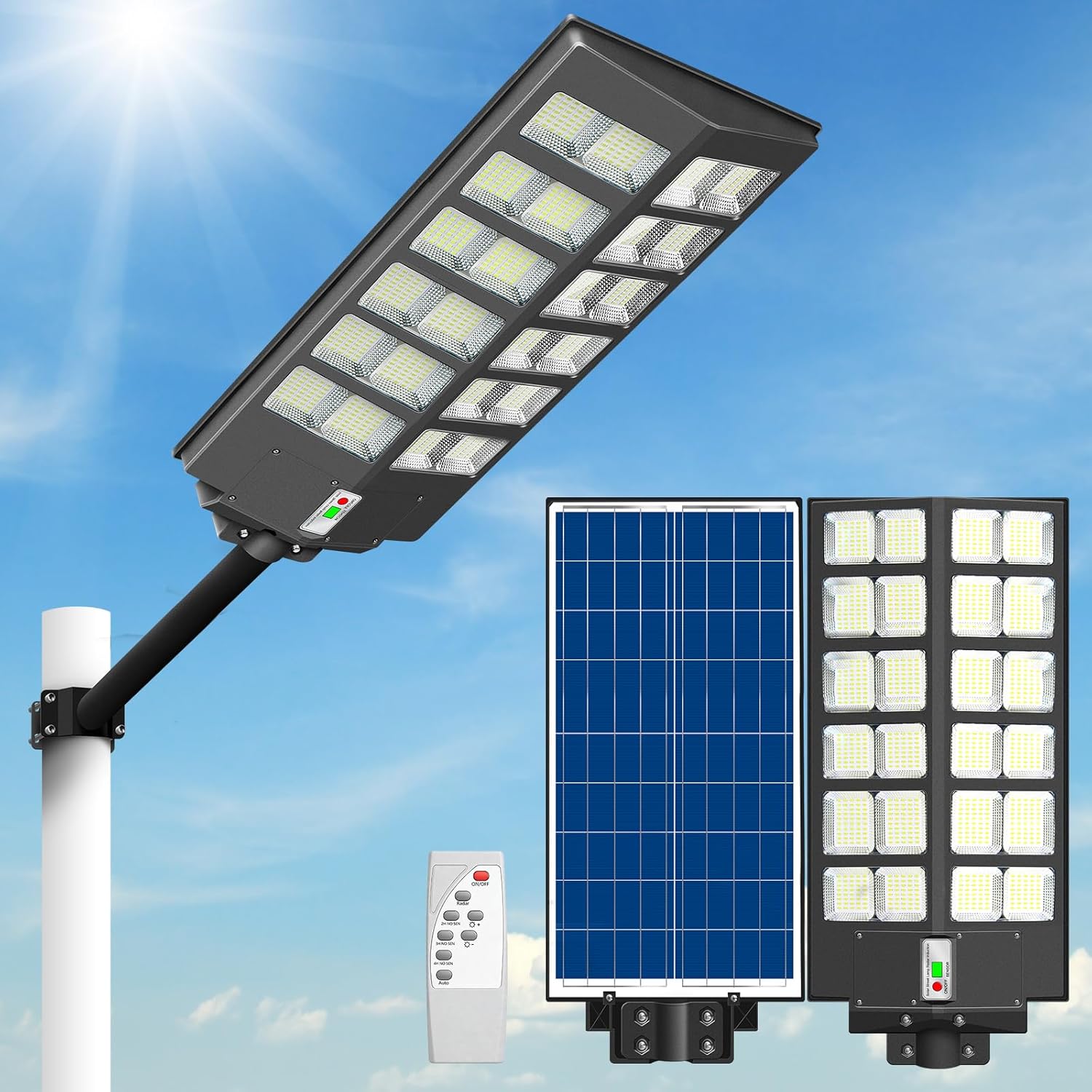 Solar Street Light Outdoor 9000W Motion Sensor Flood Light Remote Control IP67 Waterproof Dusk to Dawn Solar Powered Wall Pole Mount