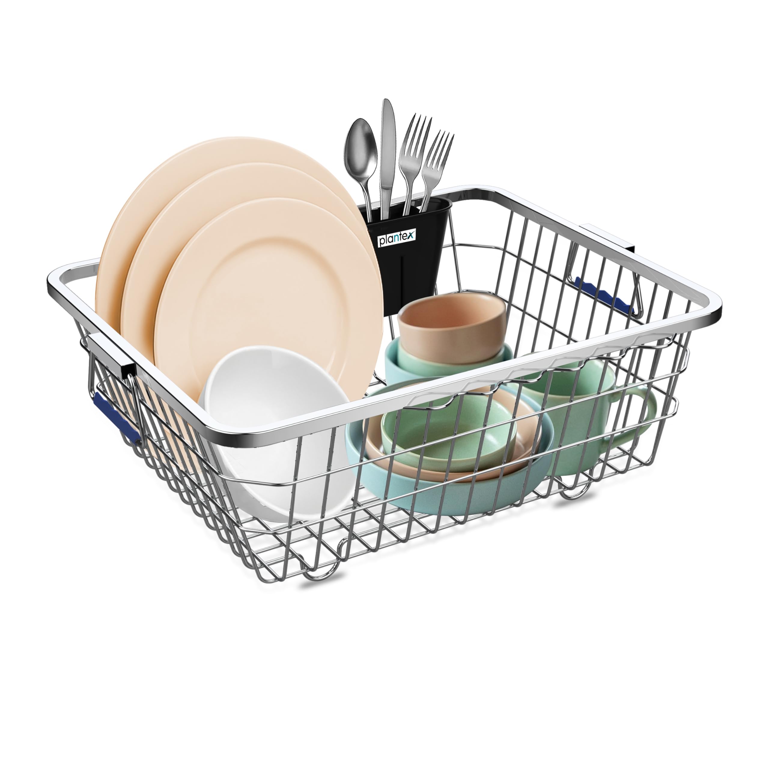 Plantex Stainless Steel Utensil Drying Rack/Vessel Drainer Basket/Dish Drying Rack/Bartan Basket with Cutlery Holder & Handle Grip – Medium (54 x 42 x 20 cm)