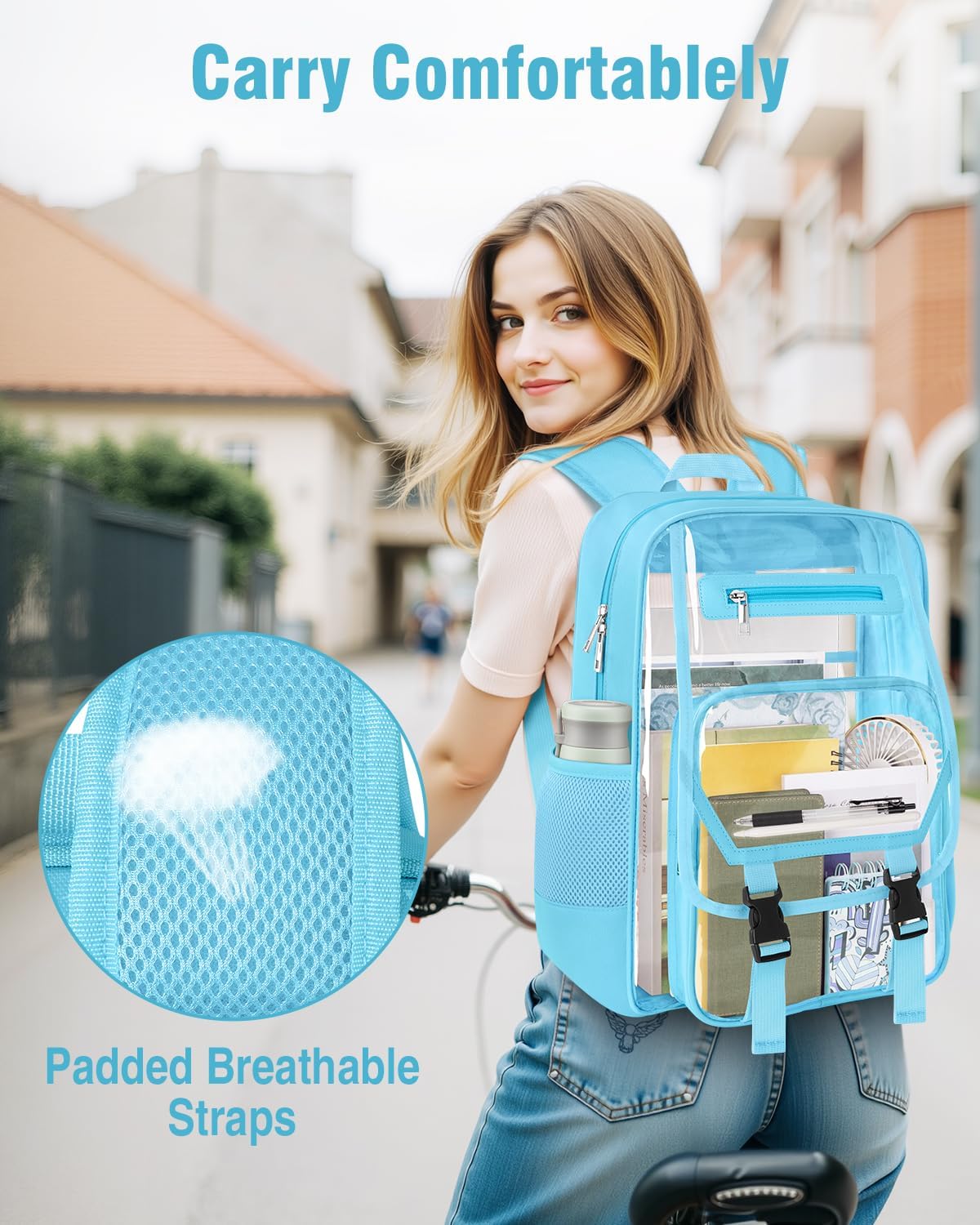 Clear Backpack Heavy Duty, Fabric & PVC Transparent Bookbag, See Through Backpacks with Reinforced Strap for Women Men, Large Capacity Clear Backpack for College, Travel, Security, Blue - Image 4