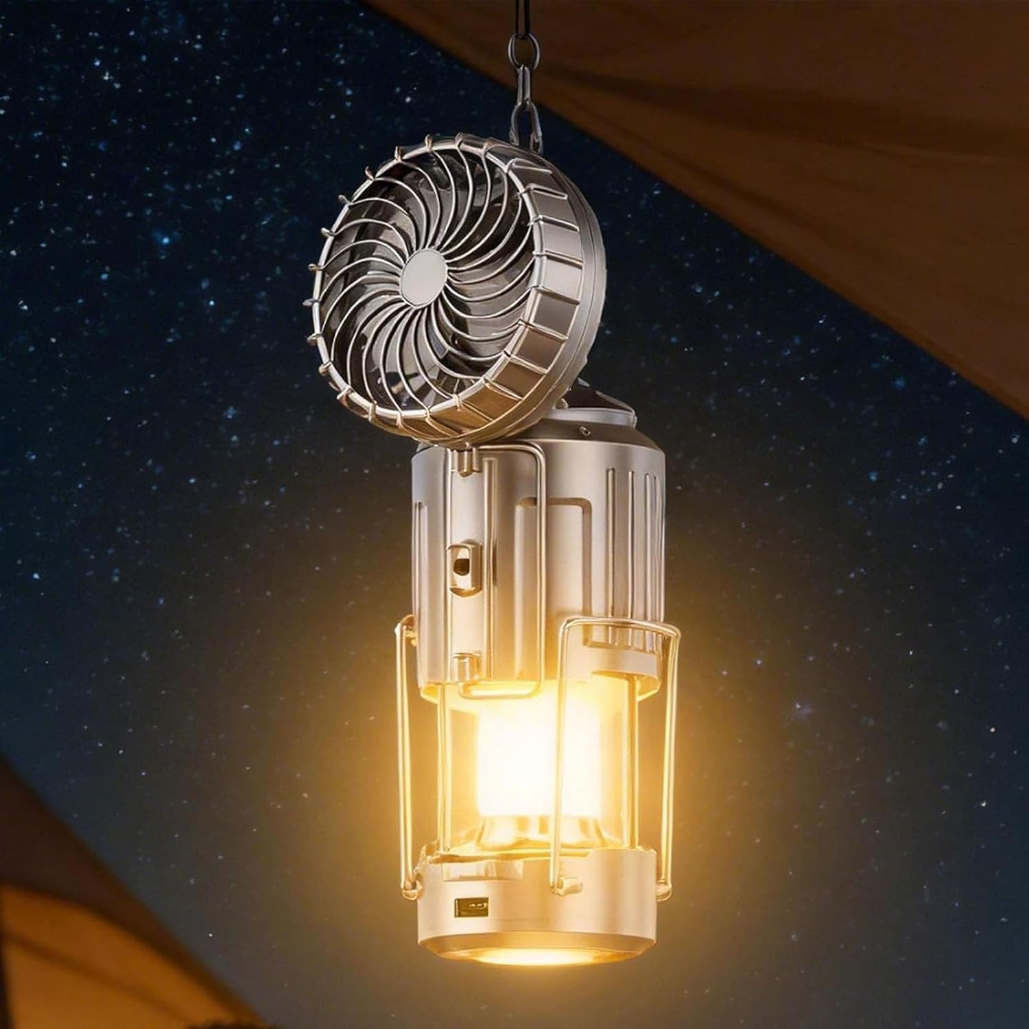 5-in-1 Portable LED Camping Lantern with Fan, Foldable Solar Powered USB Rechargeable, Collapsible LED Lanterns for Hurricane, Hiking, Portable Emergency Light (Silver)