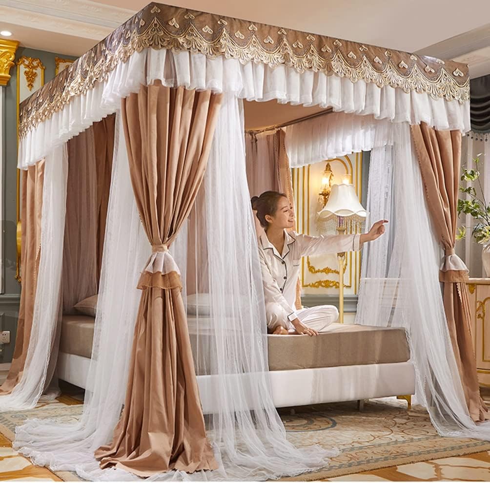 Amazon.co.jp 天蓋 ツインクイーンキング用4コーナーポストベッドキャノピー、スタンド付きレース刺繍高級ベッドカーテン蚊帳