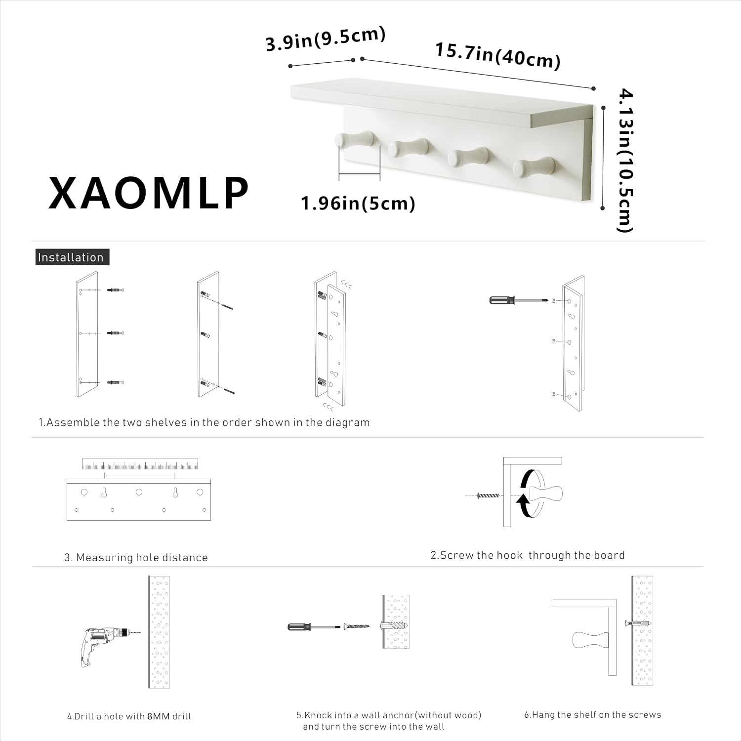 Entrance Coat Rack ，Coat Hooks, Wall-Mounted Wooden Hook Rack, Wall-Mounted Shelves are Very Suitable (White Color Finish—A-1)