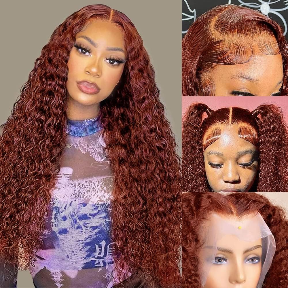 EAGERA Reddish Brown Lace Front Wigs Human Hair 13x4 Reddish Brown Deep Wave Lace Front Wigs Human Hair for Women Reddish brown Curly Human Hair Wigs Pre Plucked With Baby Hair 150% Density 22inch