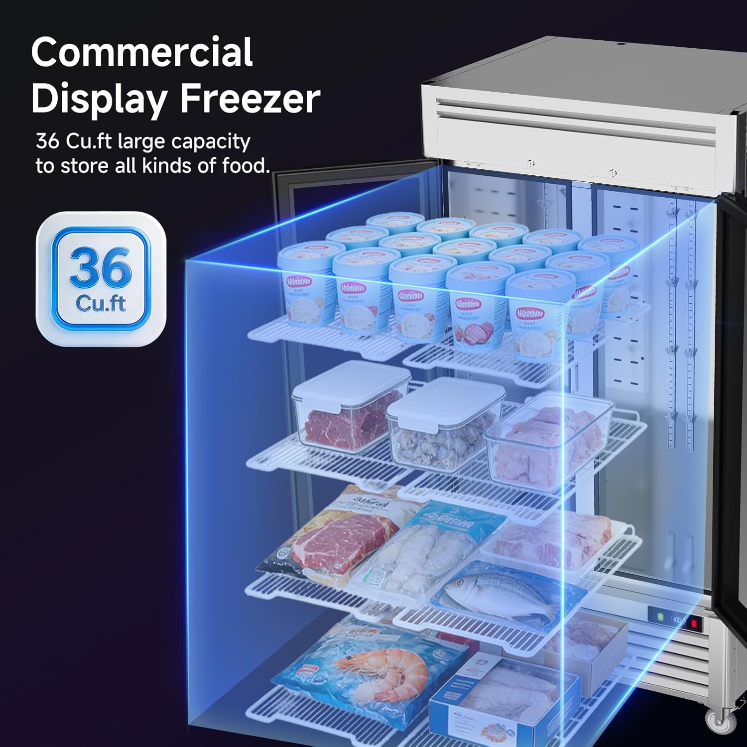 Coolake 36 Cu.Ft. Commercial Display Freezer, 39.5" W Stainless Steel Commercial Merchandiser Reach-in Freezer with 2 Glass Door, Automatic Defrost Commercial Freezer with LED Light for Bakery, Stores