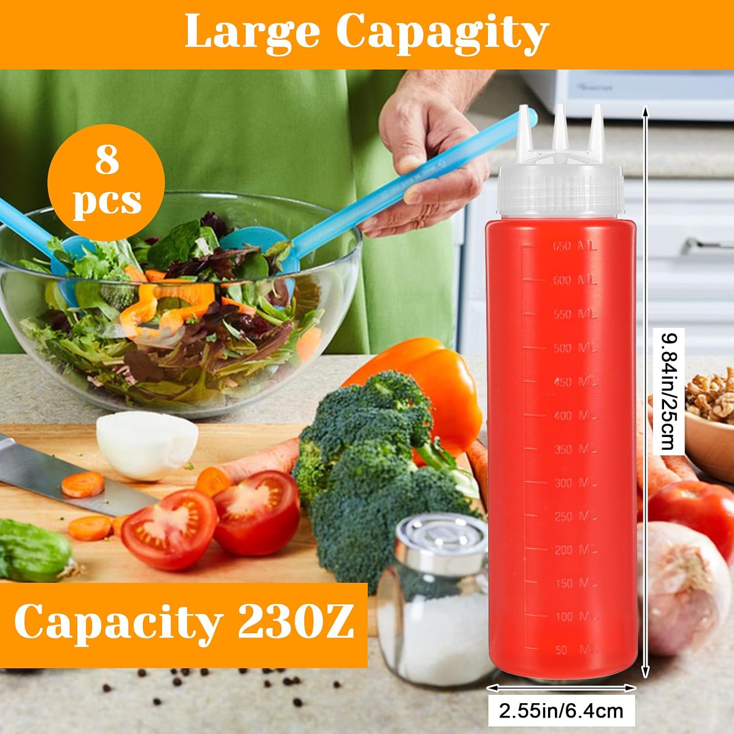MAQUITA 8 Pack 23oz Plastic Squeeze Condiment Bottles 3 Holes Sauce Squeeze Bottle Squirt Bottles for Syrup Ketchup Dressing Oil Honey