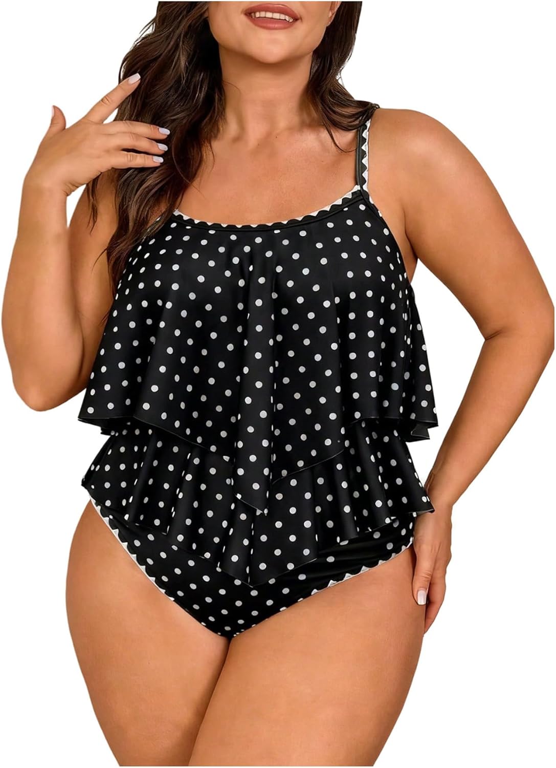 Verdusa Women's Plus Size 2 Piece Tankini Swimsuits Bikini Sets Contrast Trim Ruffle Layered Cami Top with Panty