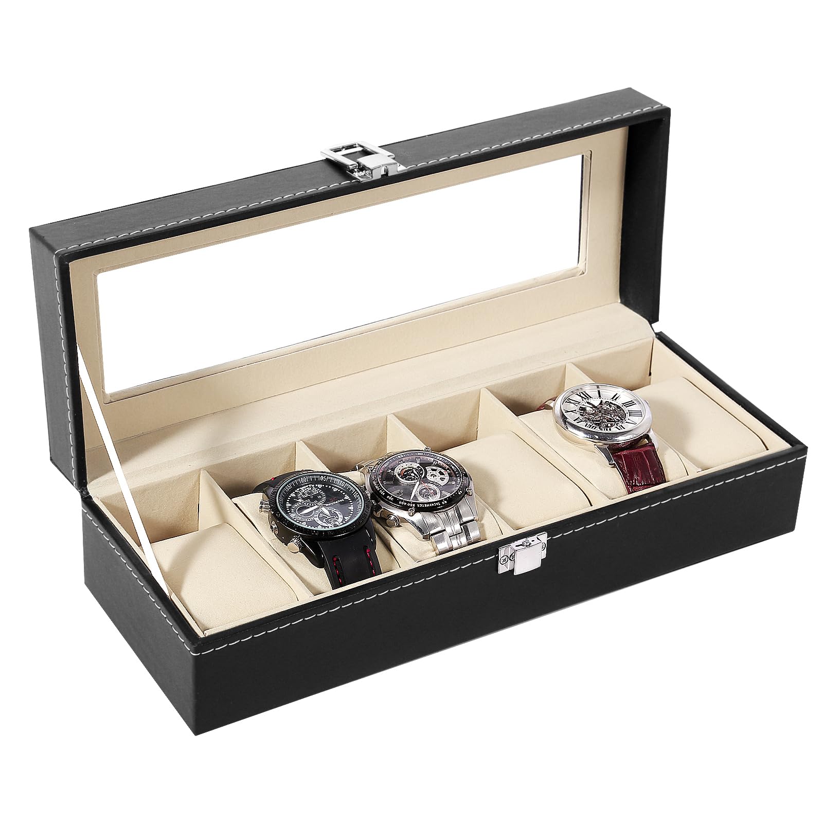 Uten Watch Box 6 Slots, Watch Storage Display with Glass Lid