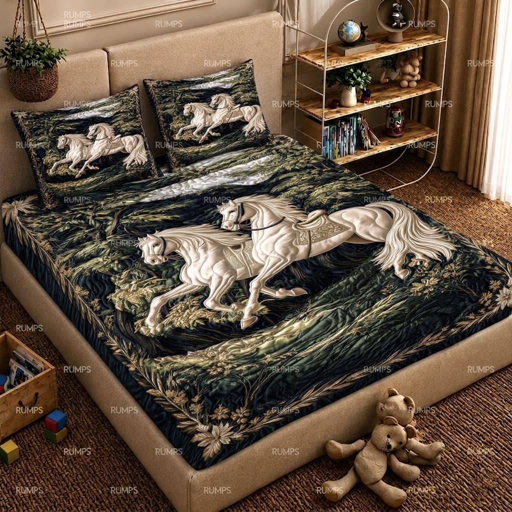 RUMPS 7D HD Digital Printed White Running Horse King Size Bedsheet with 2 Pillow Covers | Premium Nature Inspired Horse Designer Bedding Set | Luxury Bedroom Décor Collection | Size 90x100 Inches