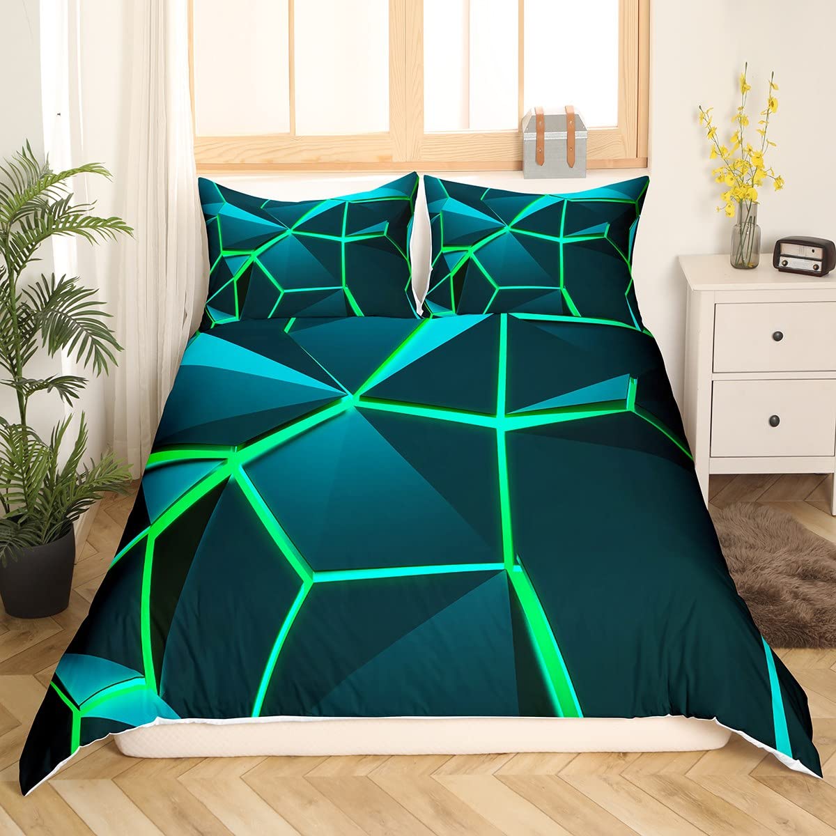 Loussiesd Blue Green Hexagon Comforter Cover Stereoscopic Honeycomb Bedding Set for Kids Beehive Duvet Cover Geometric Honeycomb Bedspread Cover Simplistic Room Decor Bedclothes Single Boys - Image 3