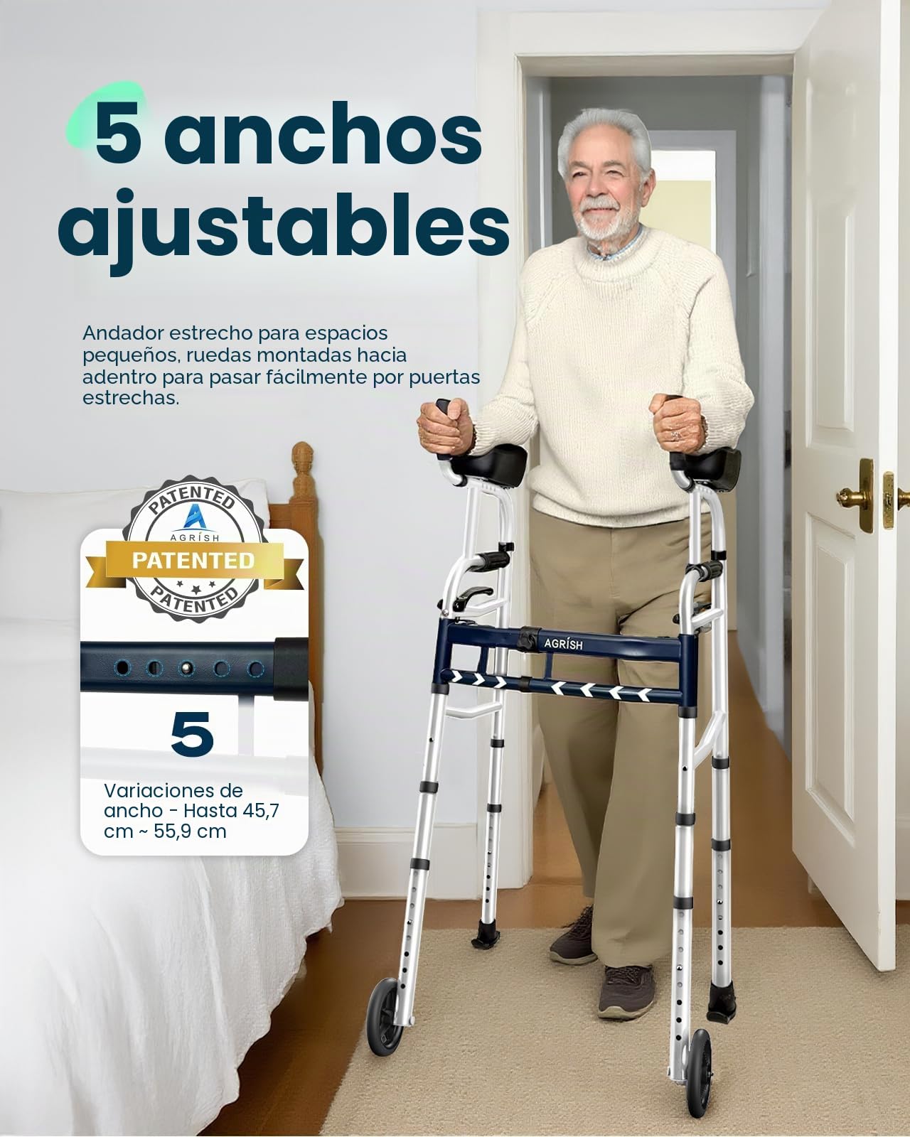Andador Vertical Estrecho para Espacios Reducidos, Anchura 5 Niveles Altura 10 Niveles Regulable, Tacataca Plegable para Puertas Angostas, Caminadores Ligeros para Ancianos Mayores