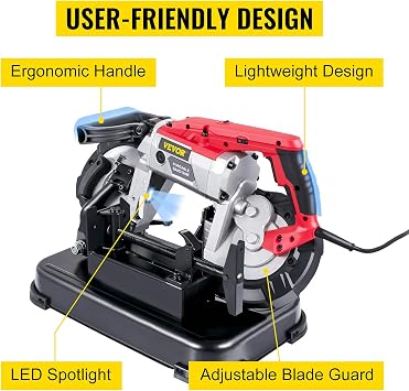 VEVOR Portable Band Saw, 110V Removable Alloy Steel Base 5 Inch Cutting Capacity Hand held Variable Speed Portable Bandsaw, 10Amp Motor Deep Cut Band saw for Metal Wood