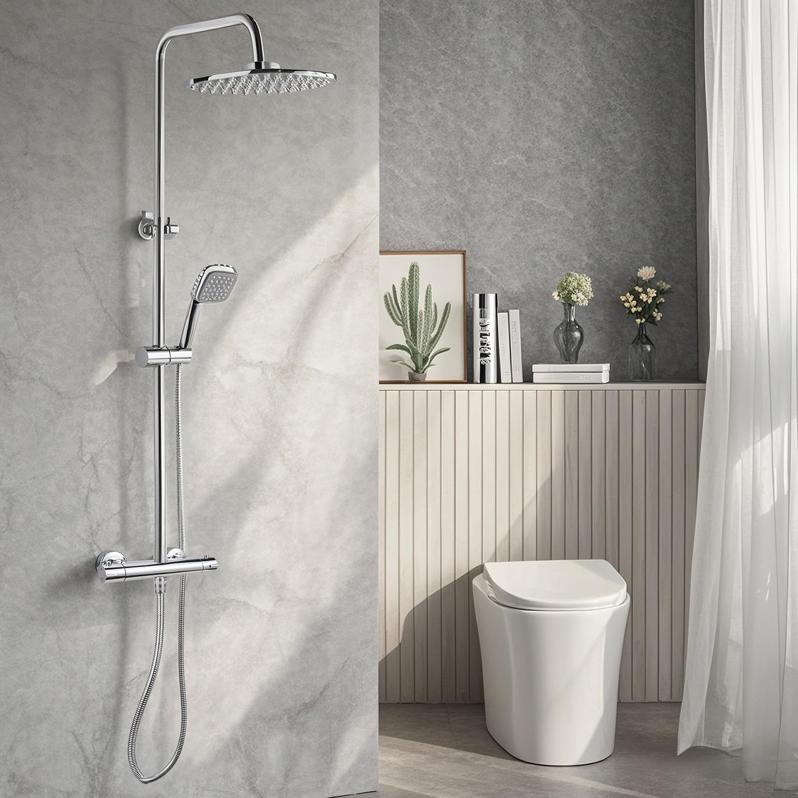 Grifo Termostático Ducha, Termostato Ducha con el Botón de Seguridad, Grifería de Bañera de Pared de 38 ℃, Grifo Ducha Termostatico de Latón Cromado de Salida Superior de 3/4" Inferior de 1/2"