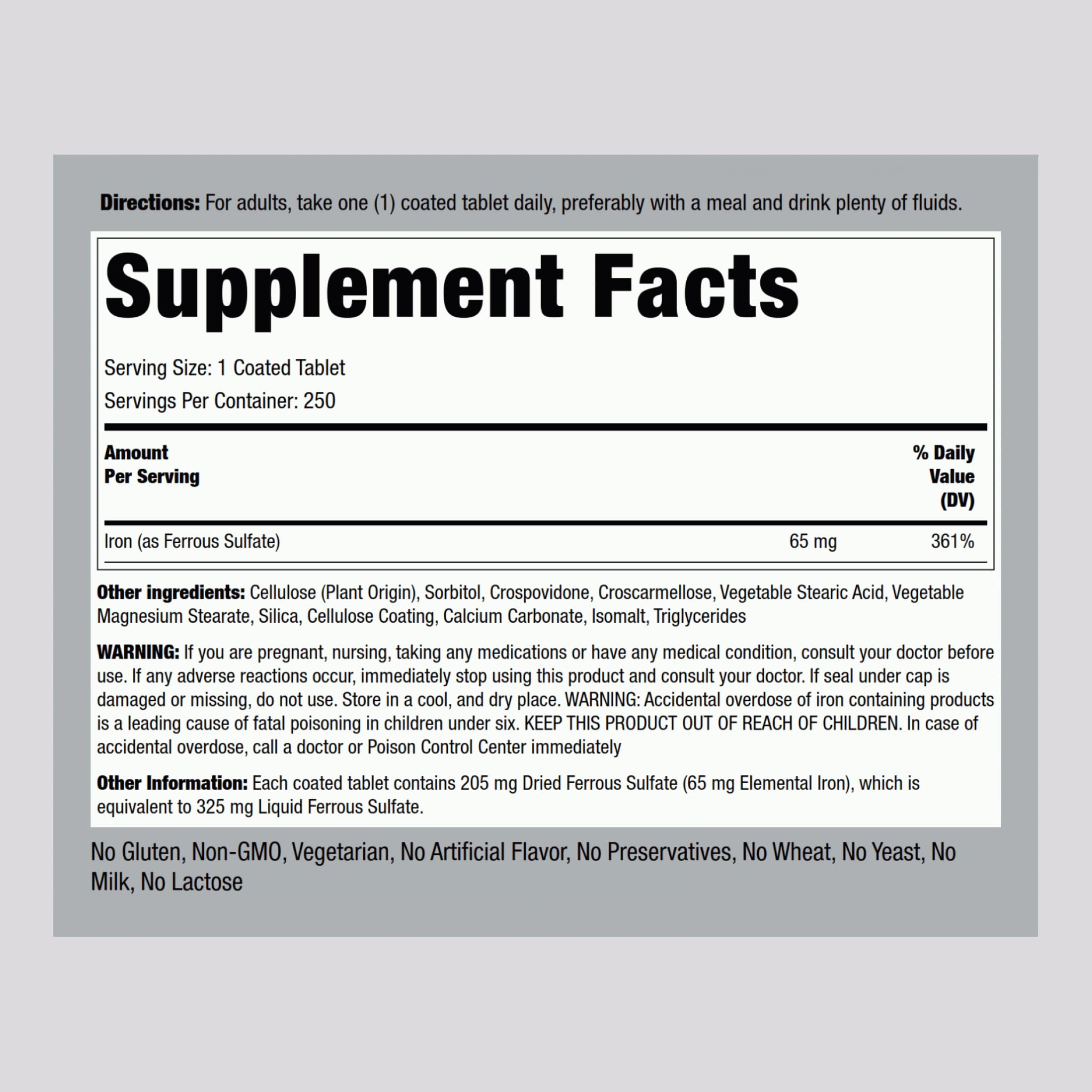 Piping Rock Iron Ferrous Sulfate 65 mg | 250 Tablets | Iron Supplement — Amazon image 2